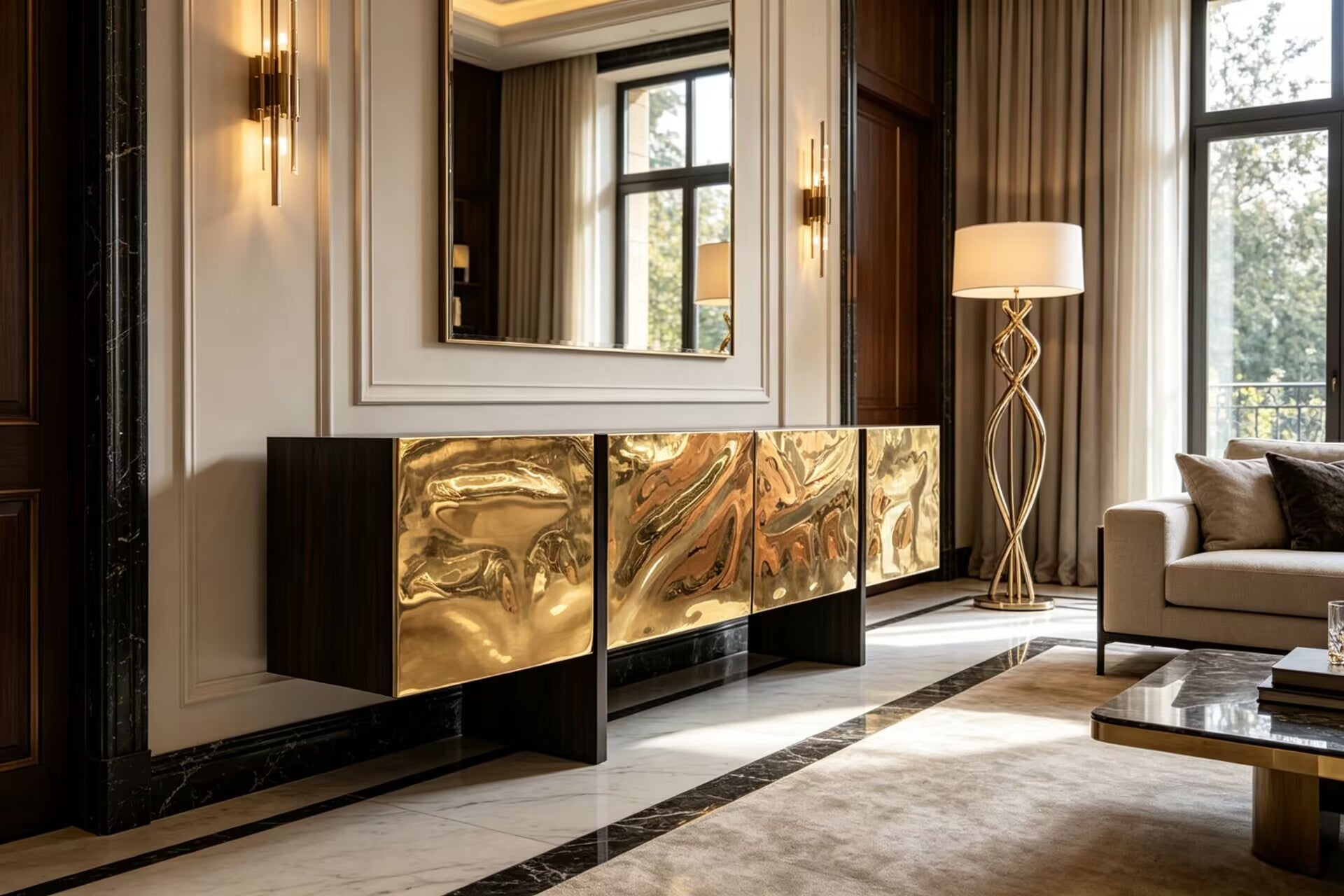 H20 Ebonized High Quality Unique Simple Solid Wood Brass Sideboard