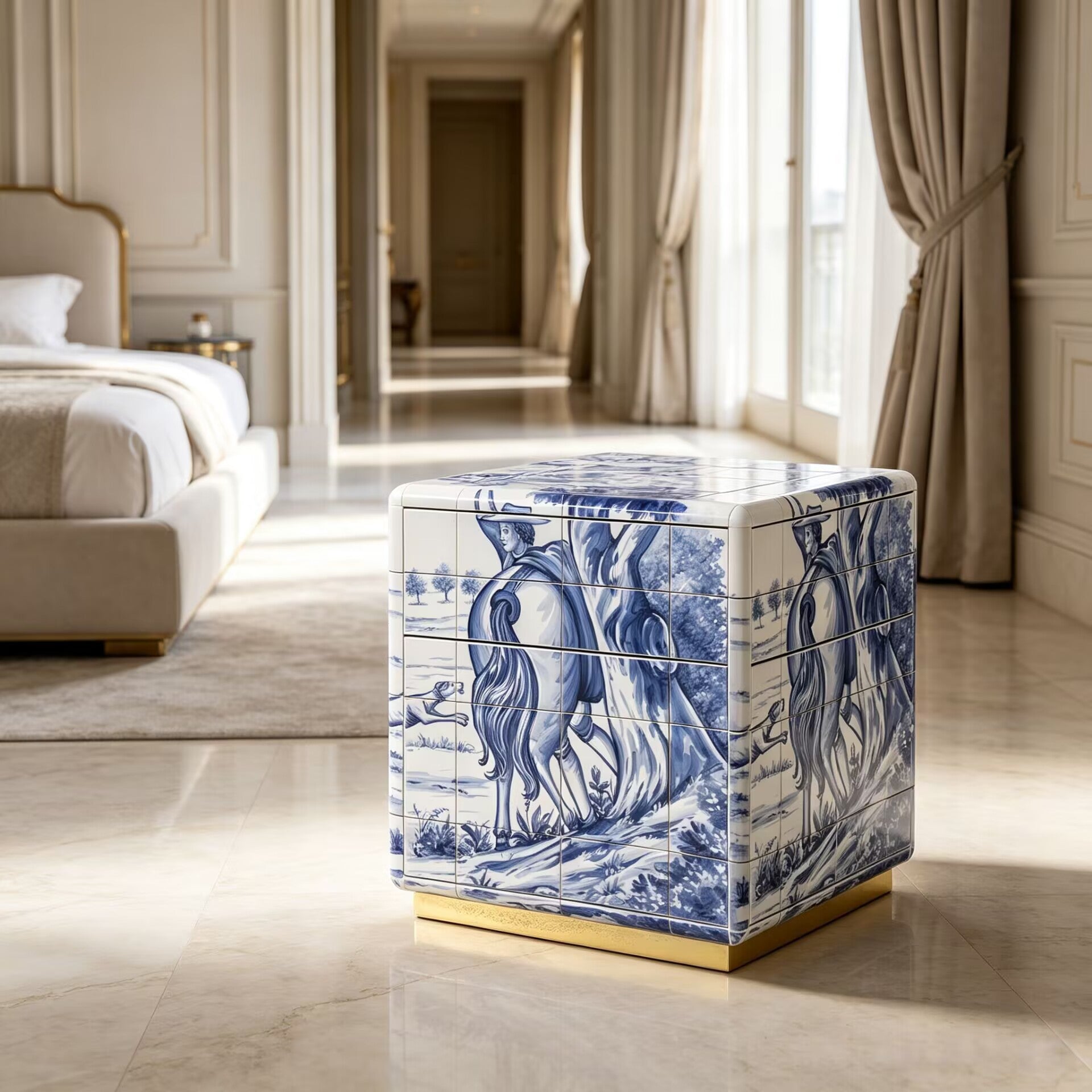 Heritage Italian Creativity Hand-Drawn Ceramics Small Nightstand