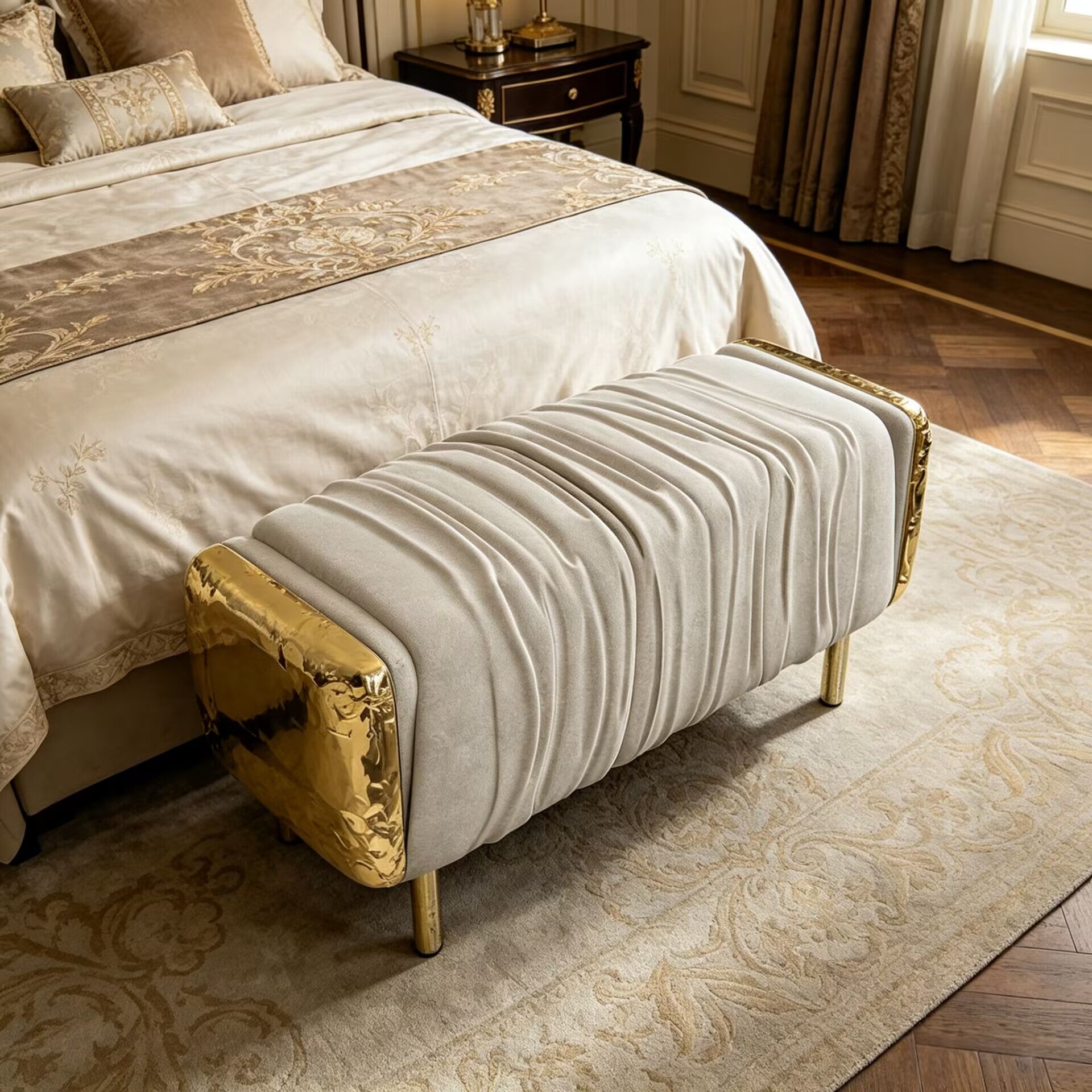 Imperfection Luxurious Brass Art Genuine Leather Bed End Bench