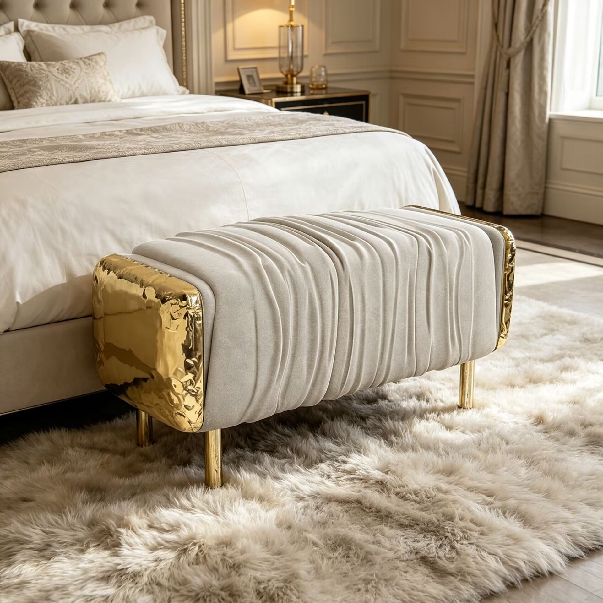 Imperfection Luxurious Brass Art Genuine Leather Bed End Bench