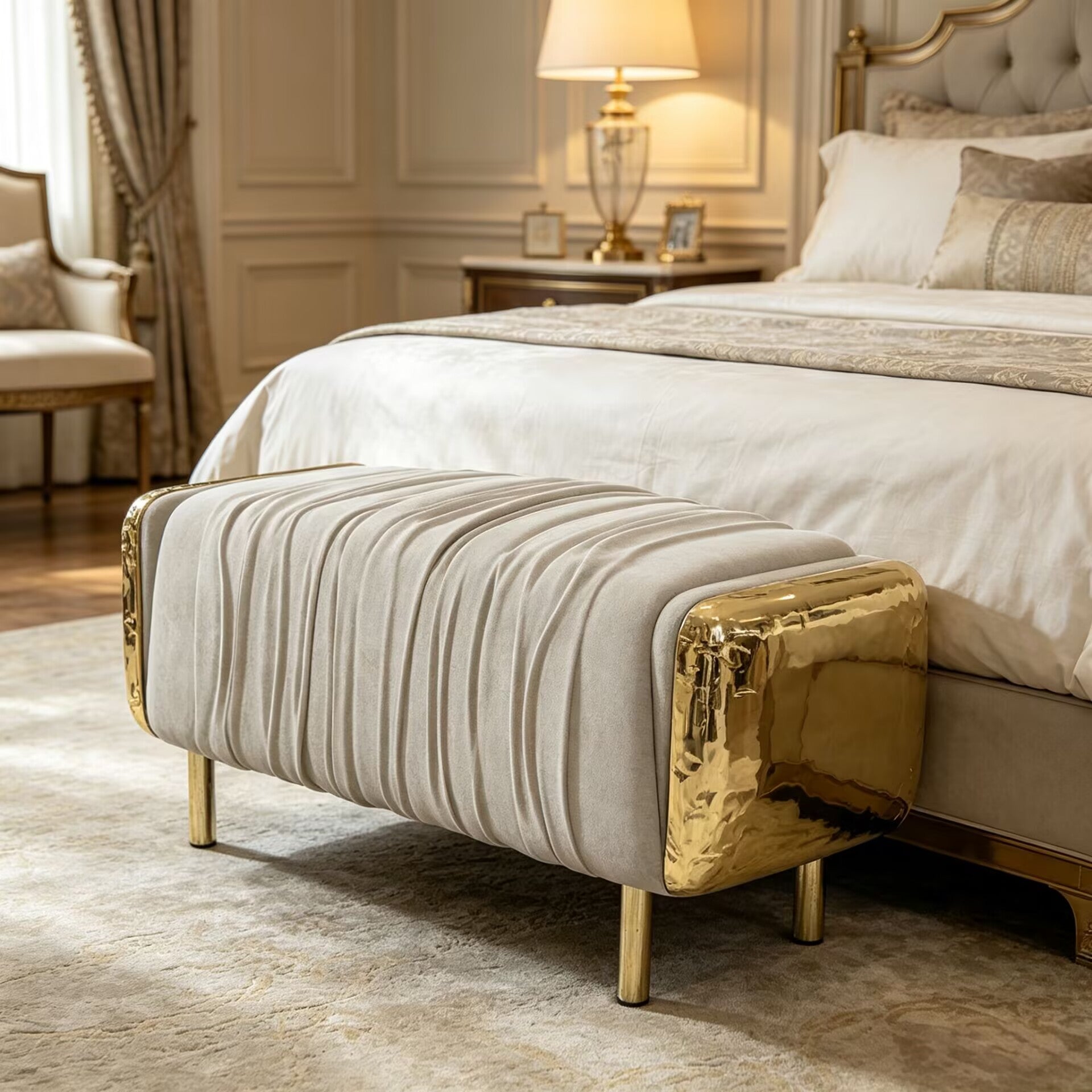 Imperfection Luxurious Brass Art Genuine Leather Bed End Bench