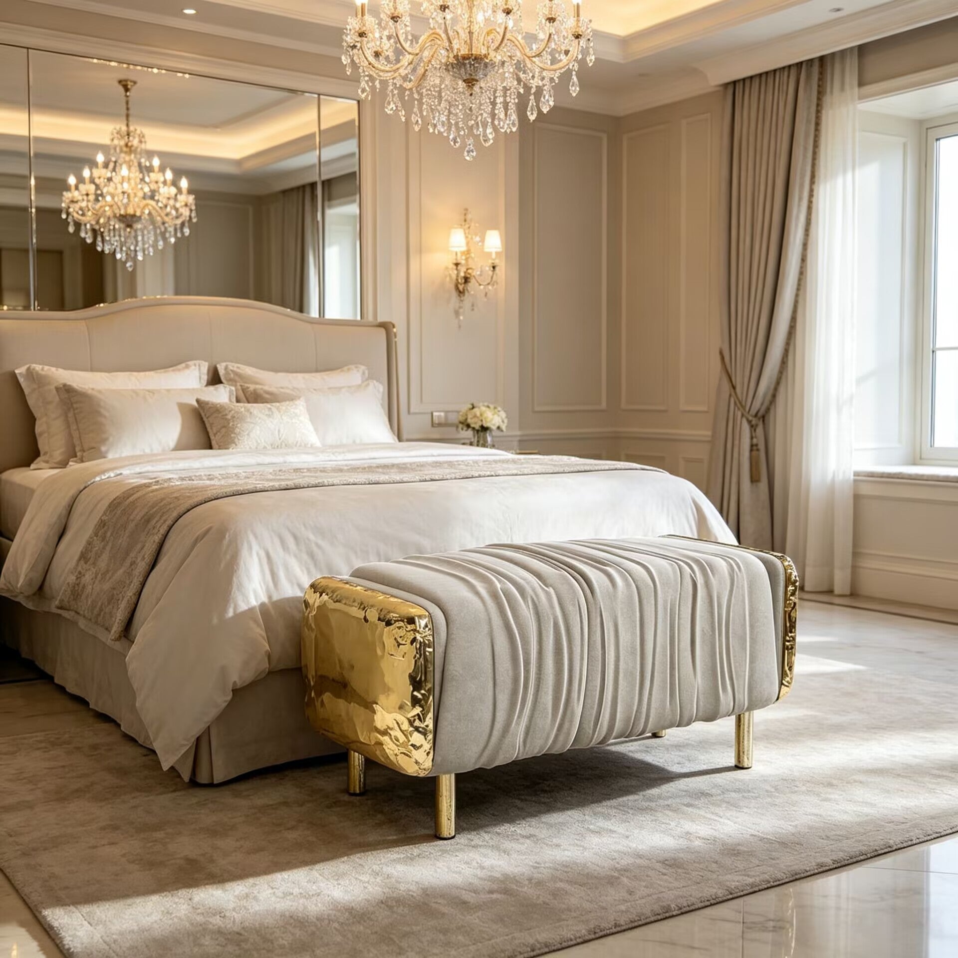 Imperfection Luxurious Brass Art Genuine Leather Bed End Bench