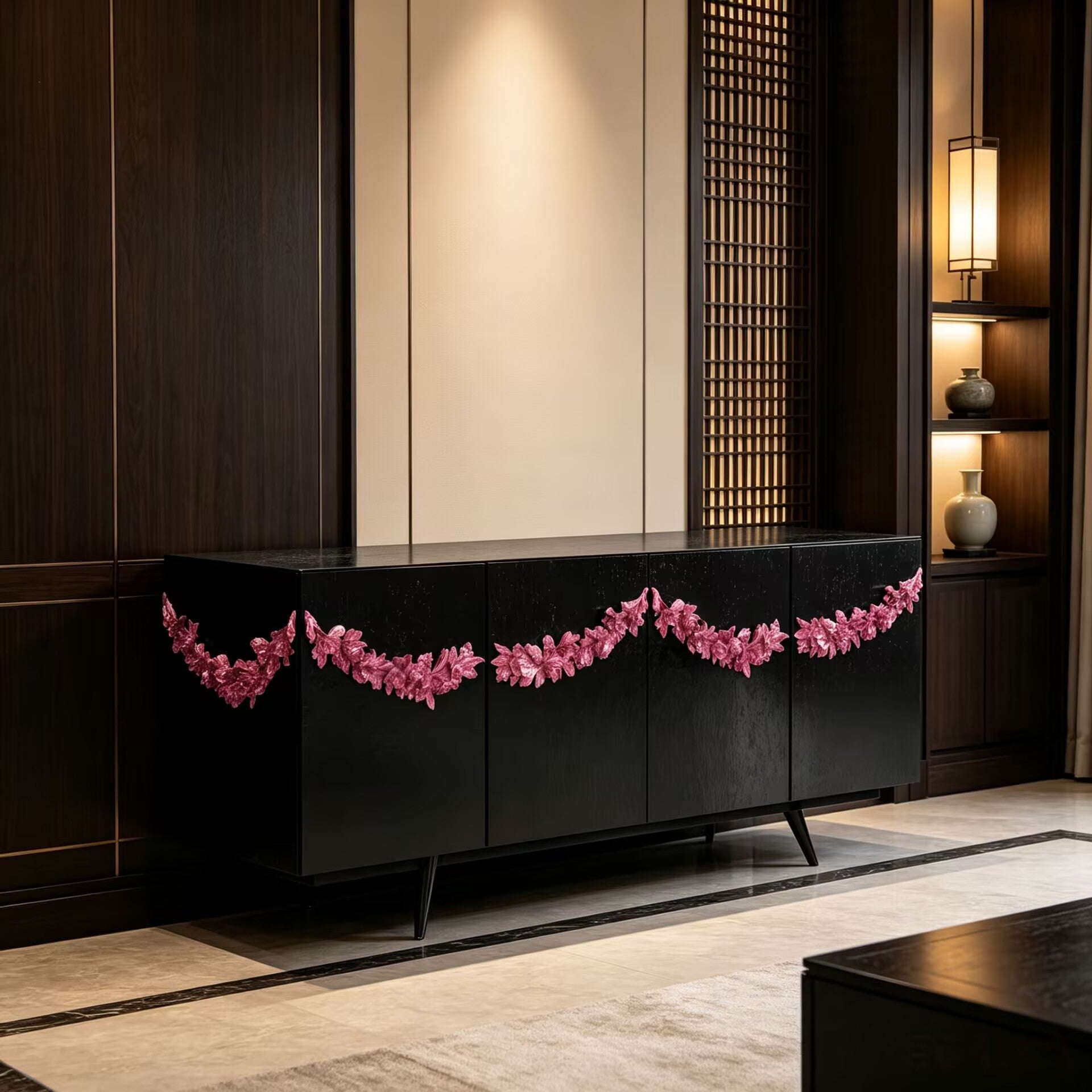 Majestic High-End Solid Wood Artistic Metal Carving Sideboard