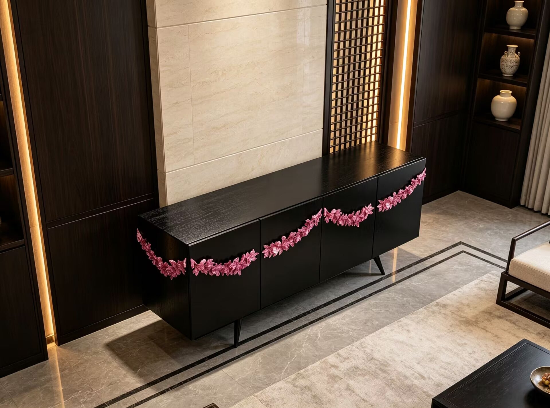 Majestic High-End Solid Wood Artistic Metal Carving Sideboard