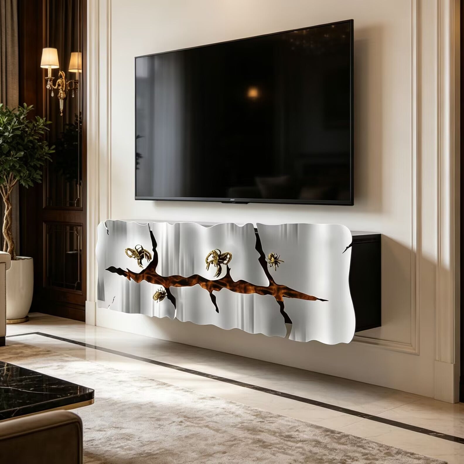 Metamorphosis Minimalist Solid Wood Irregular Art Metal Fireplace