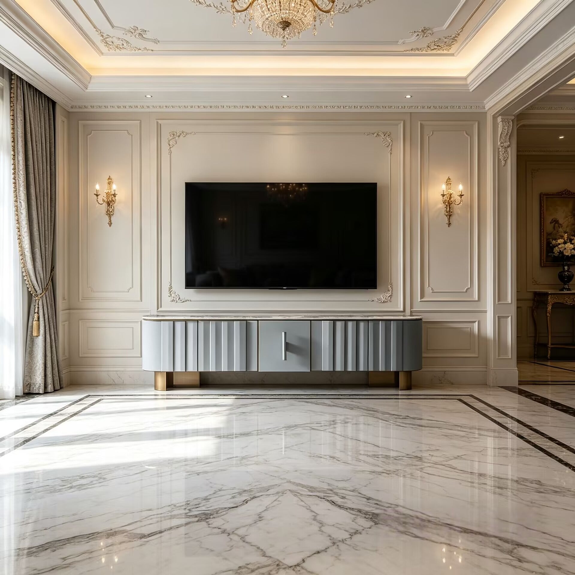 Morgan High-End Art Marble Simplicity Solid Wood Tv Cabinet