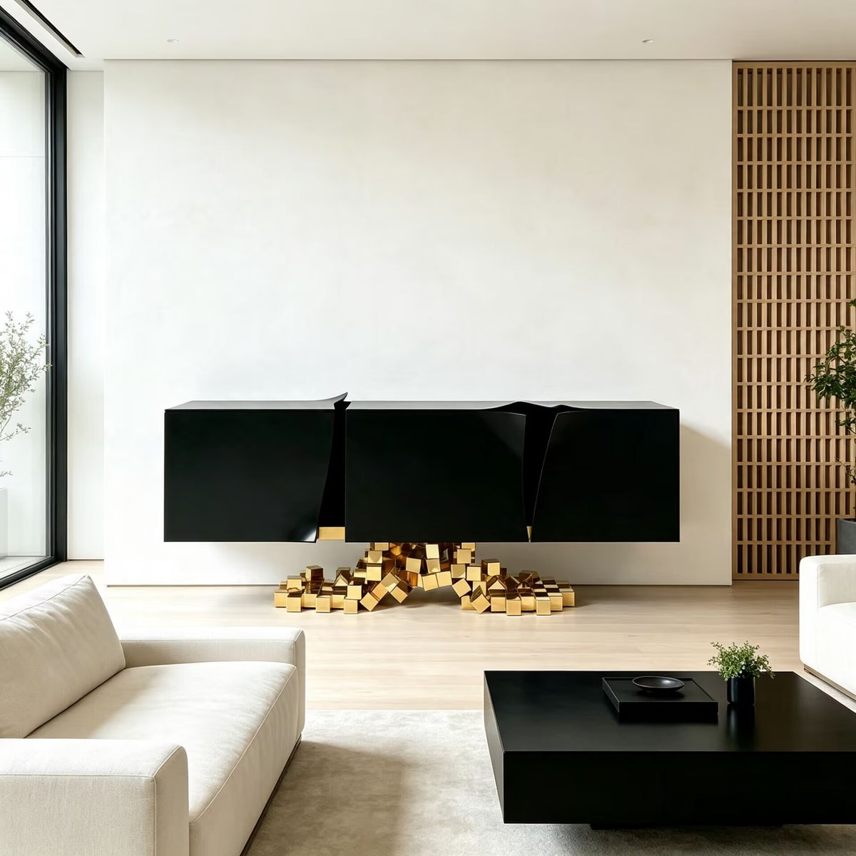 Mosaic Luxurious Creative Geometry Metal Lacquered Solid Wood Sideboard