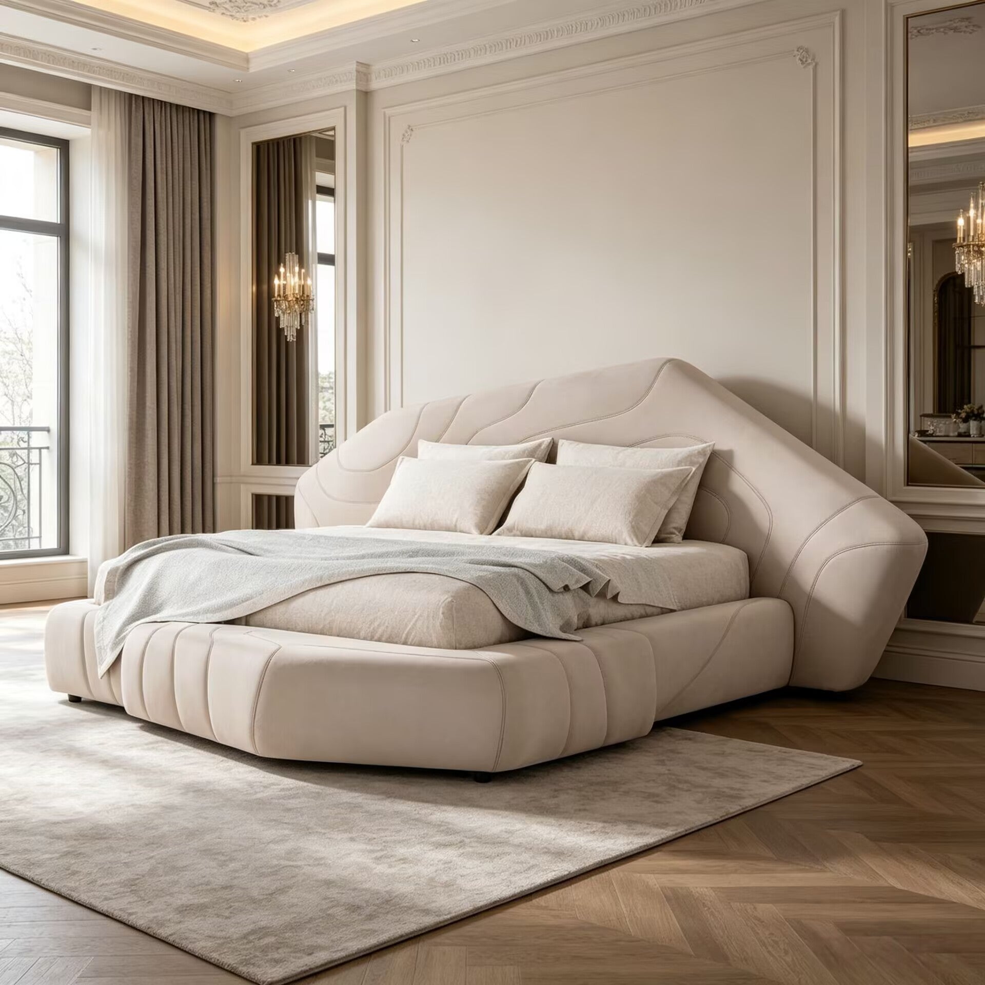 Neolito Modern Artistic Designer White Leather Double Large Bed