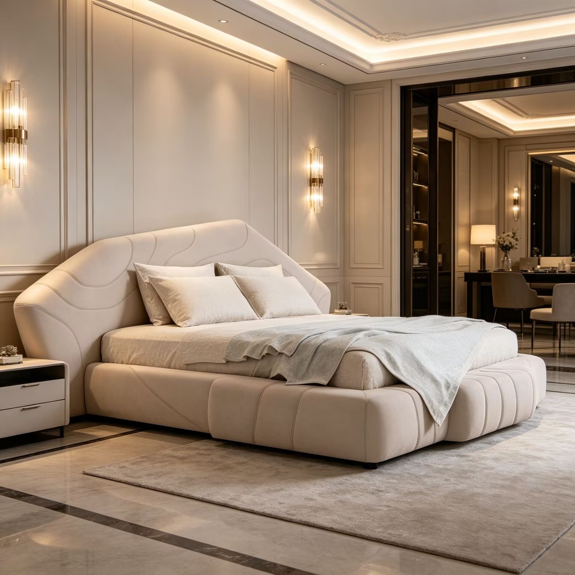 Neolito Modern Artistic Designer White Leather Double Large Bed