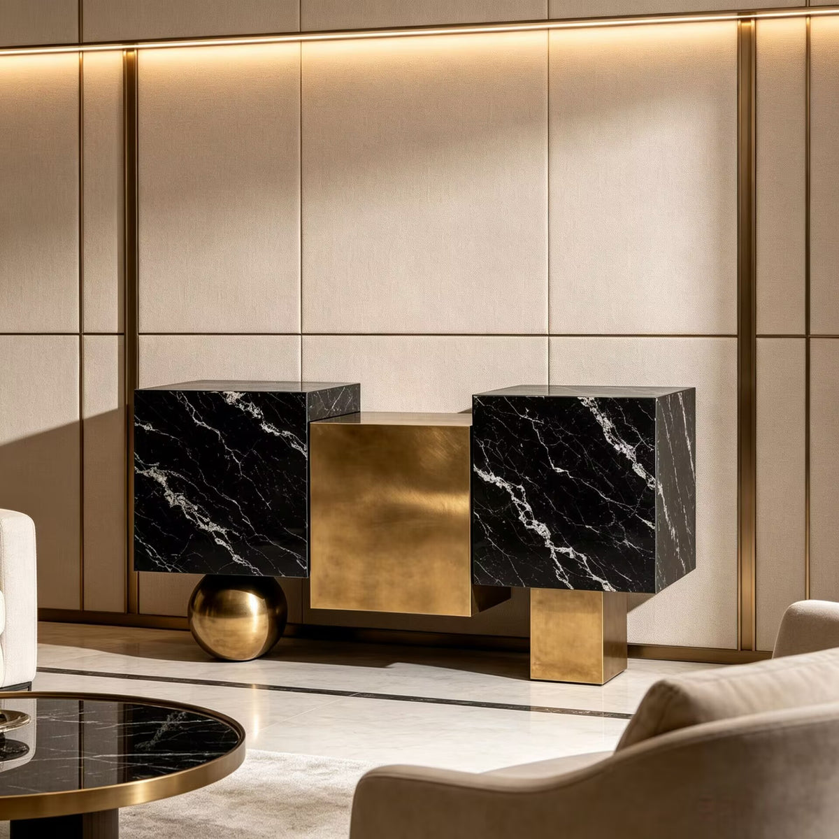 Onyra Unique Artistic Upscale Irregular Marble Metal Sideboard