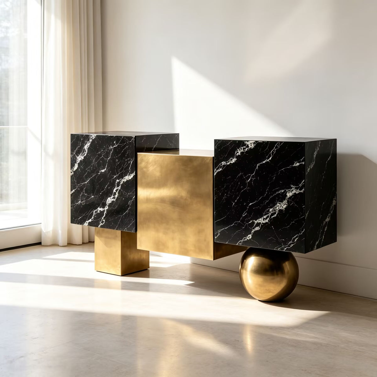 Onyra Unique Artistic Upscale Irregular Marble Metal Sideboard