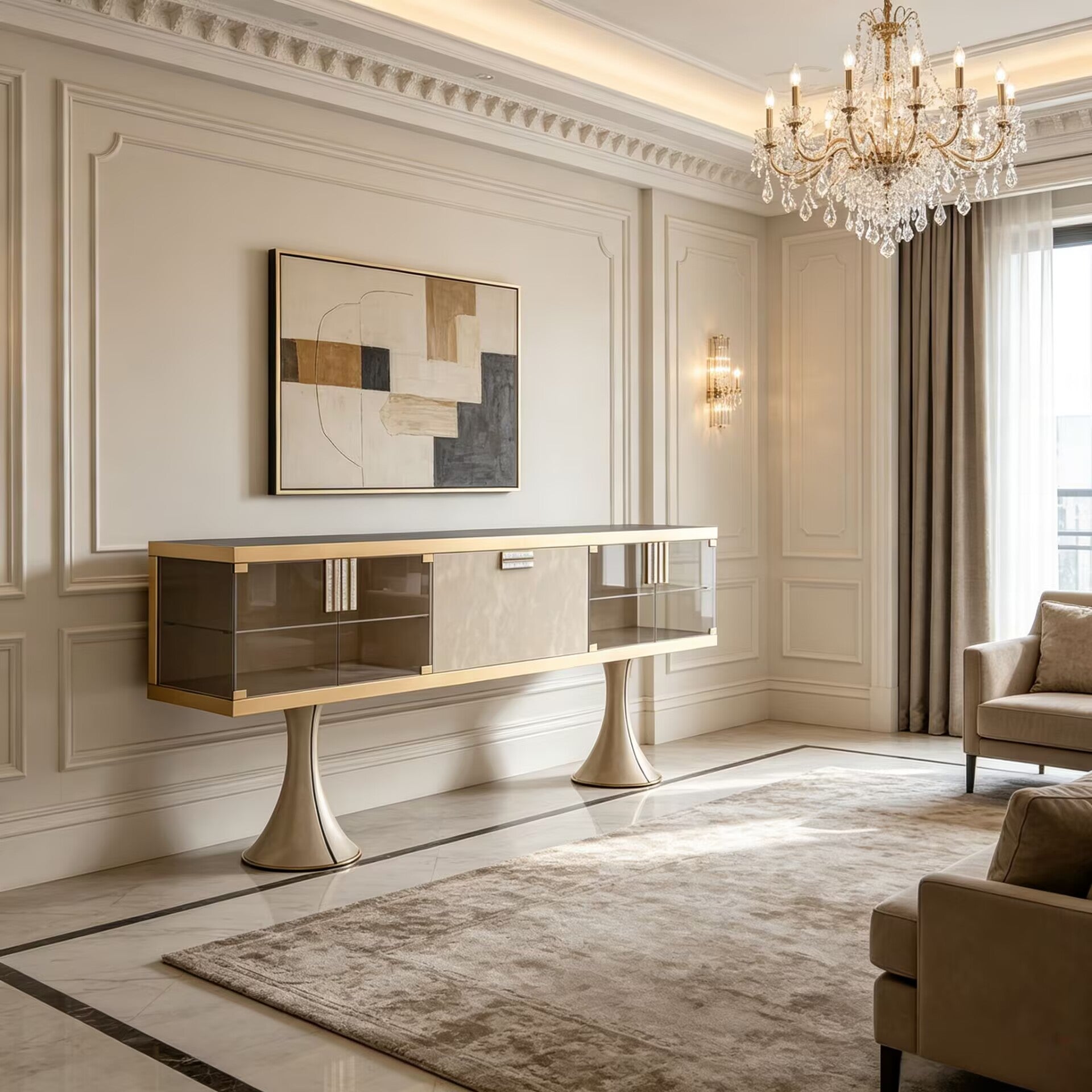 Oscar Modern Artistic Glass Minimalism Solid Wood Sideboard