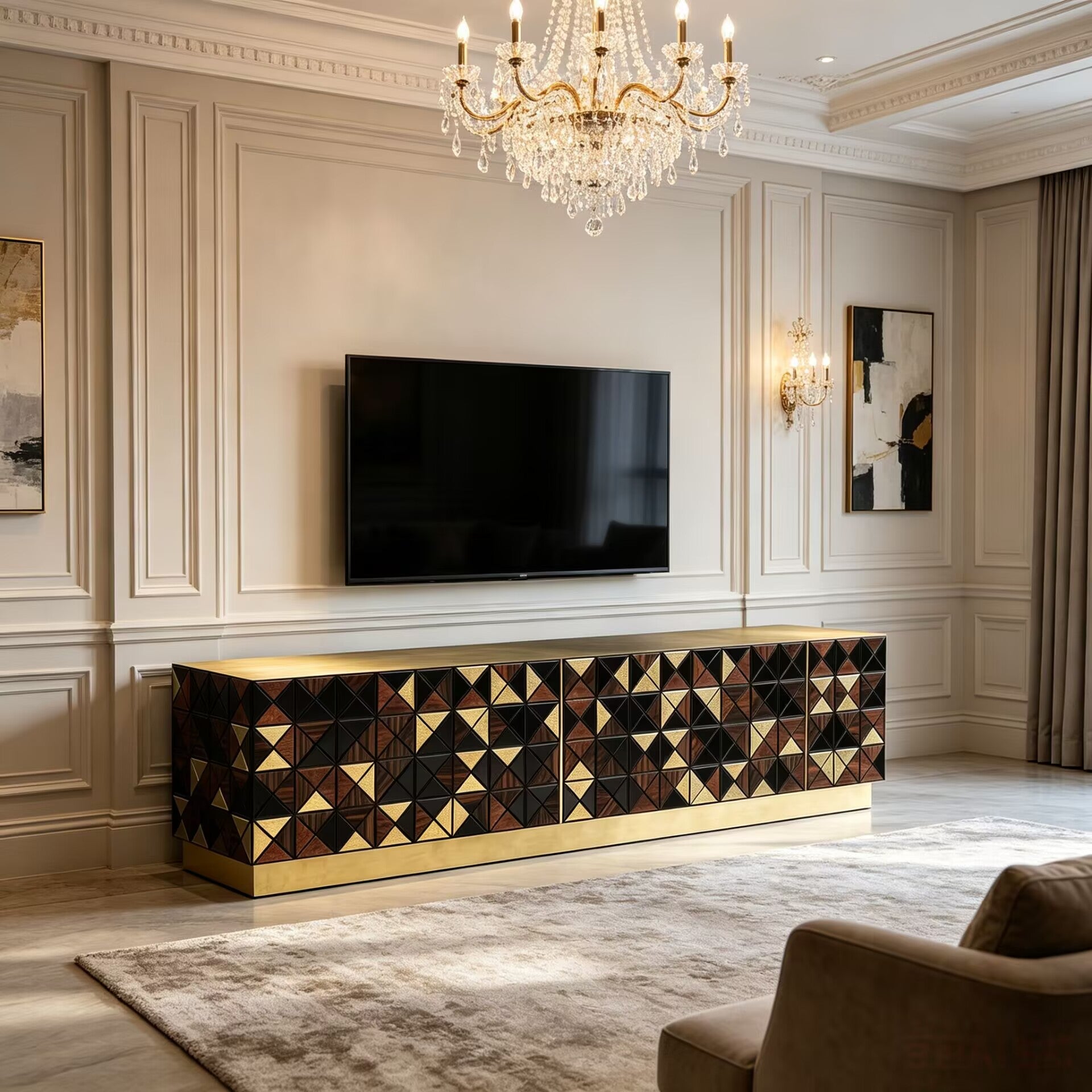 Pixel Italian Geometry Painting Solid Wood Metal Tv Cabinet