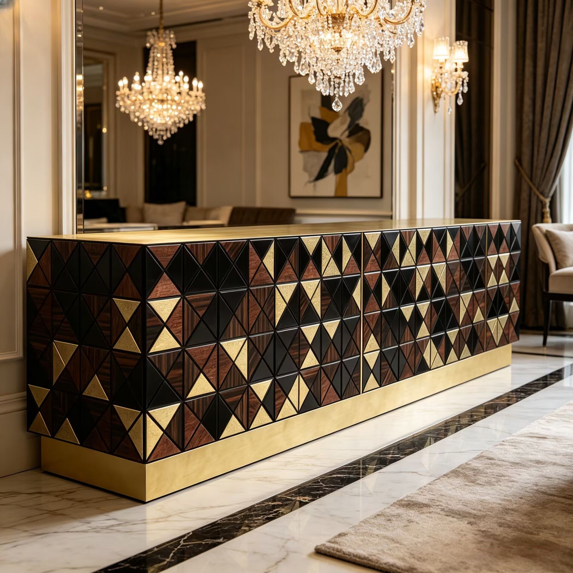 Pixel Italian Geometry Painting Solid Wood Metal Tv Cabinet