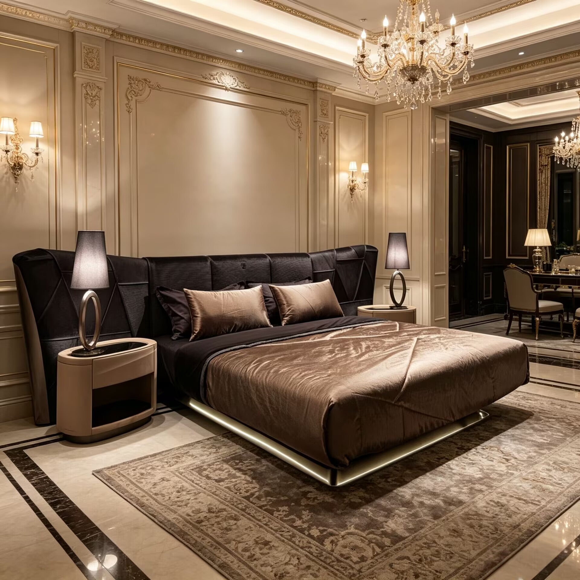 Plaza Italian Luxurious Solid Wood Designer Leather Black Bed