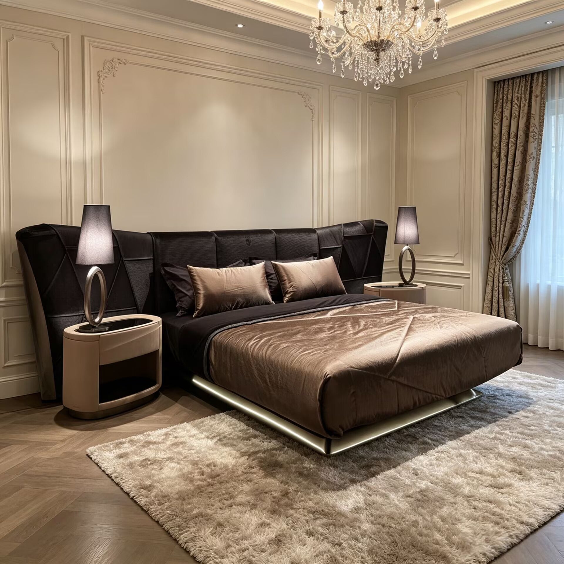 Plaza Italian Luxurious Solid Wood Designer Leather Black Bed