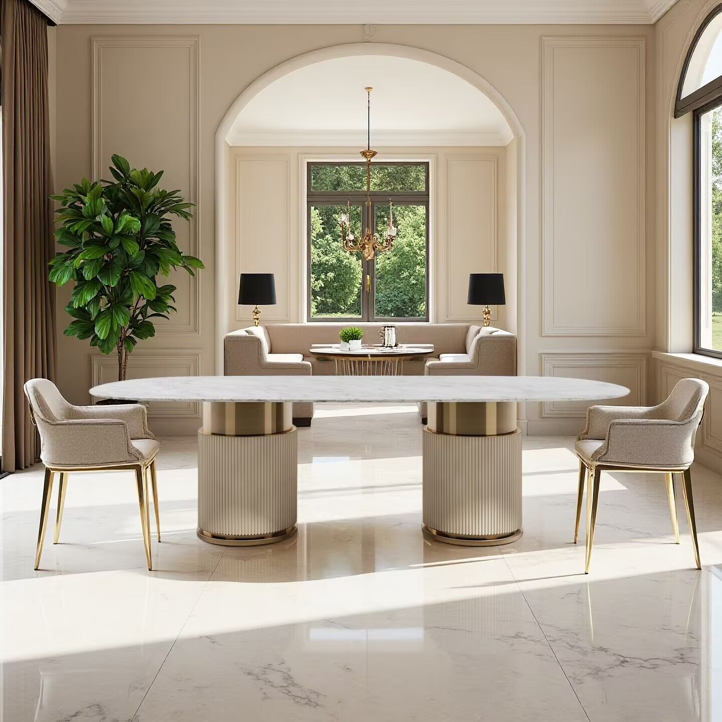 Rock Oval Designer Stainless Steel Minimalism Marble Dining Table