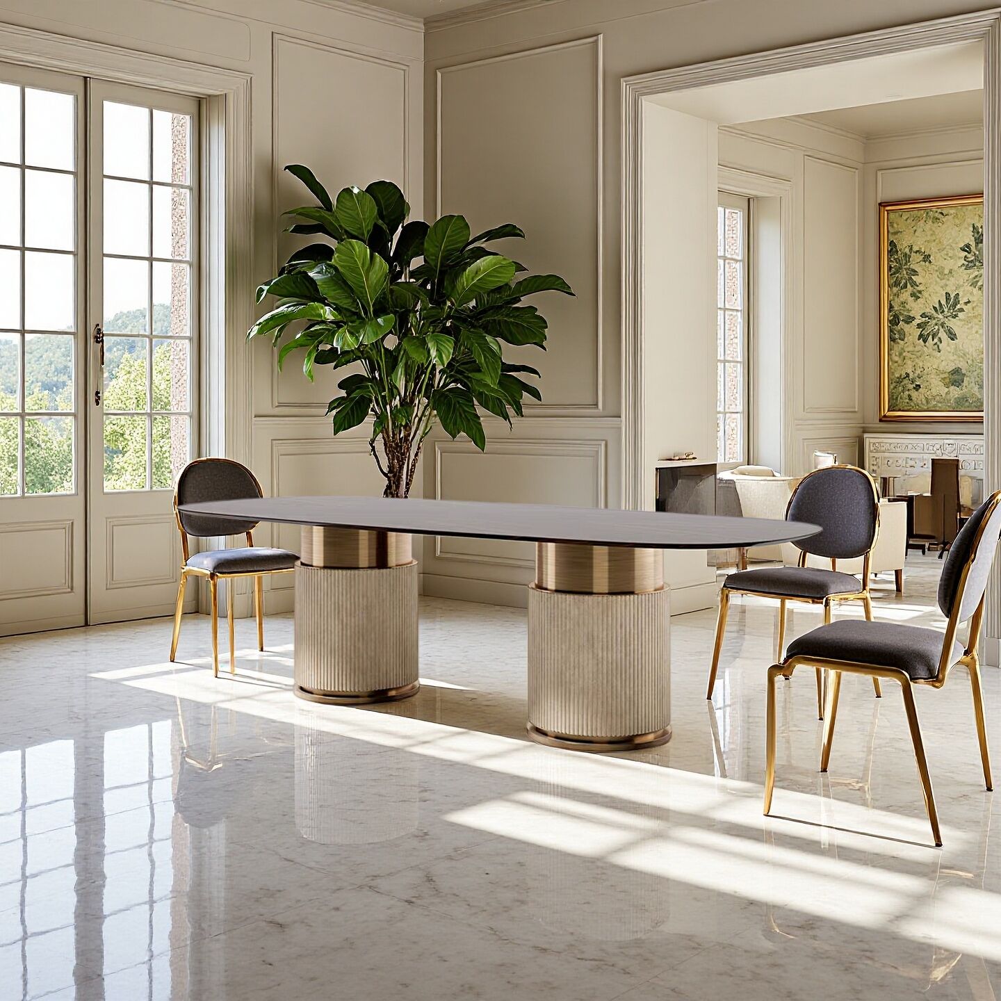 Rock Oval Designer Stainless Steel Minimalism Marble Dining Table