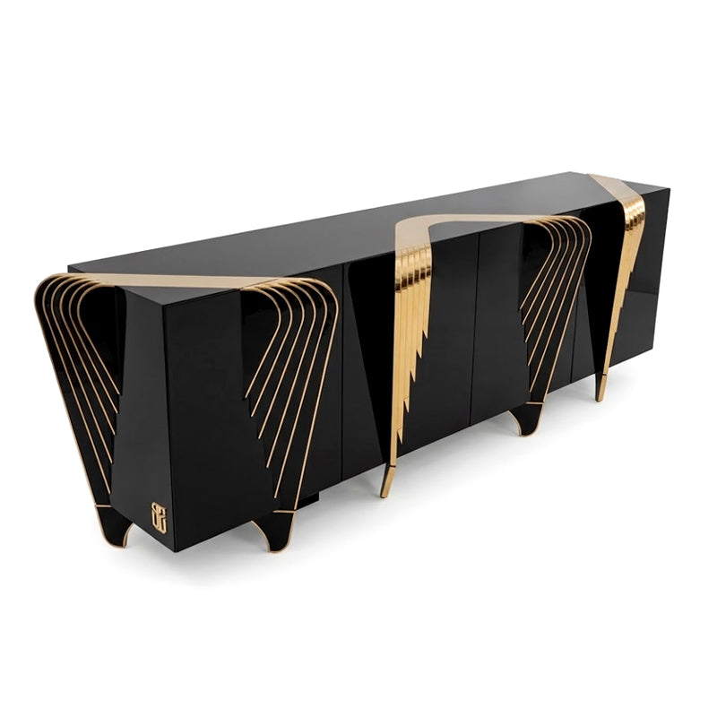 Designer Unique Creativity Irregular Black Gold Solid Wood Sideboard