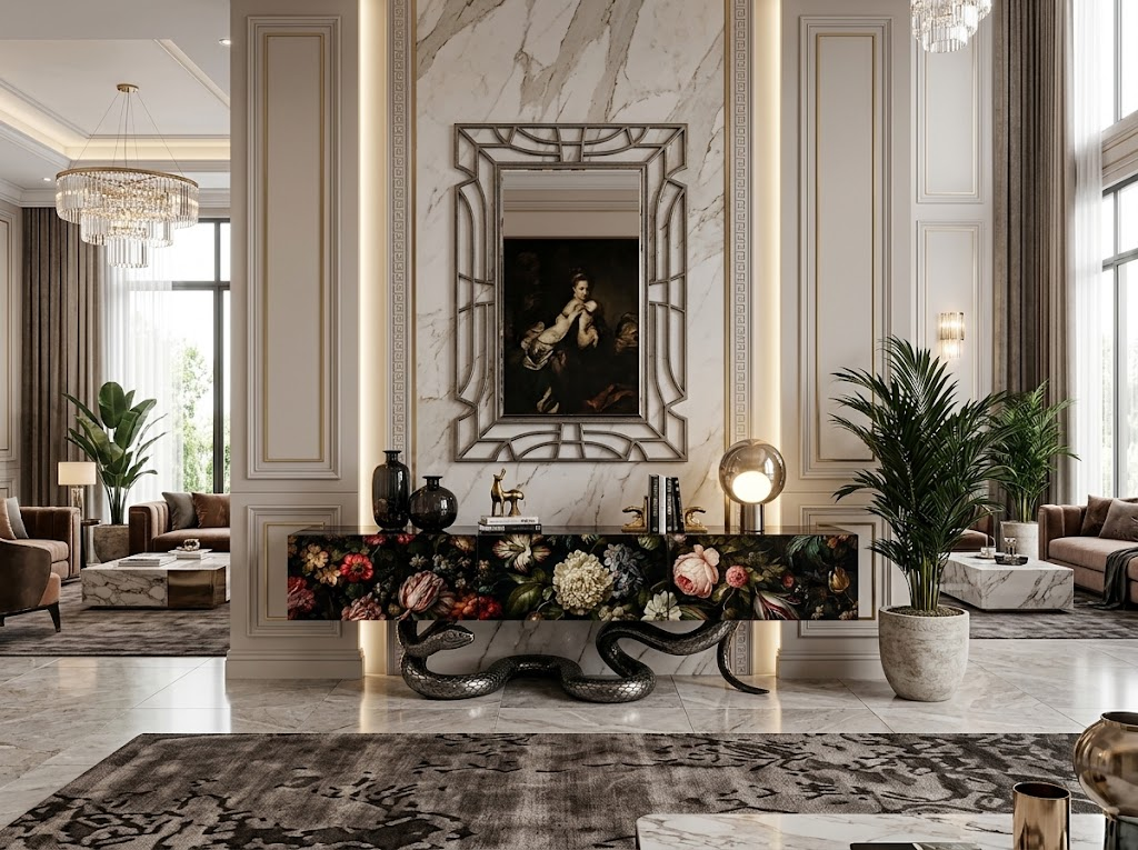 Villa Living Room Designer Solid Wood Painted Flowers Art Sideboard