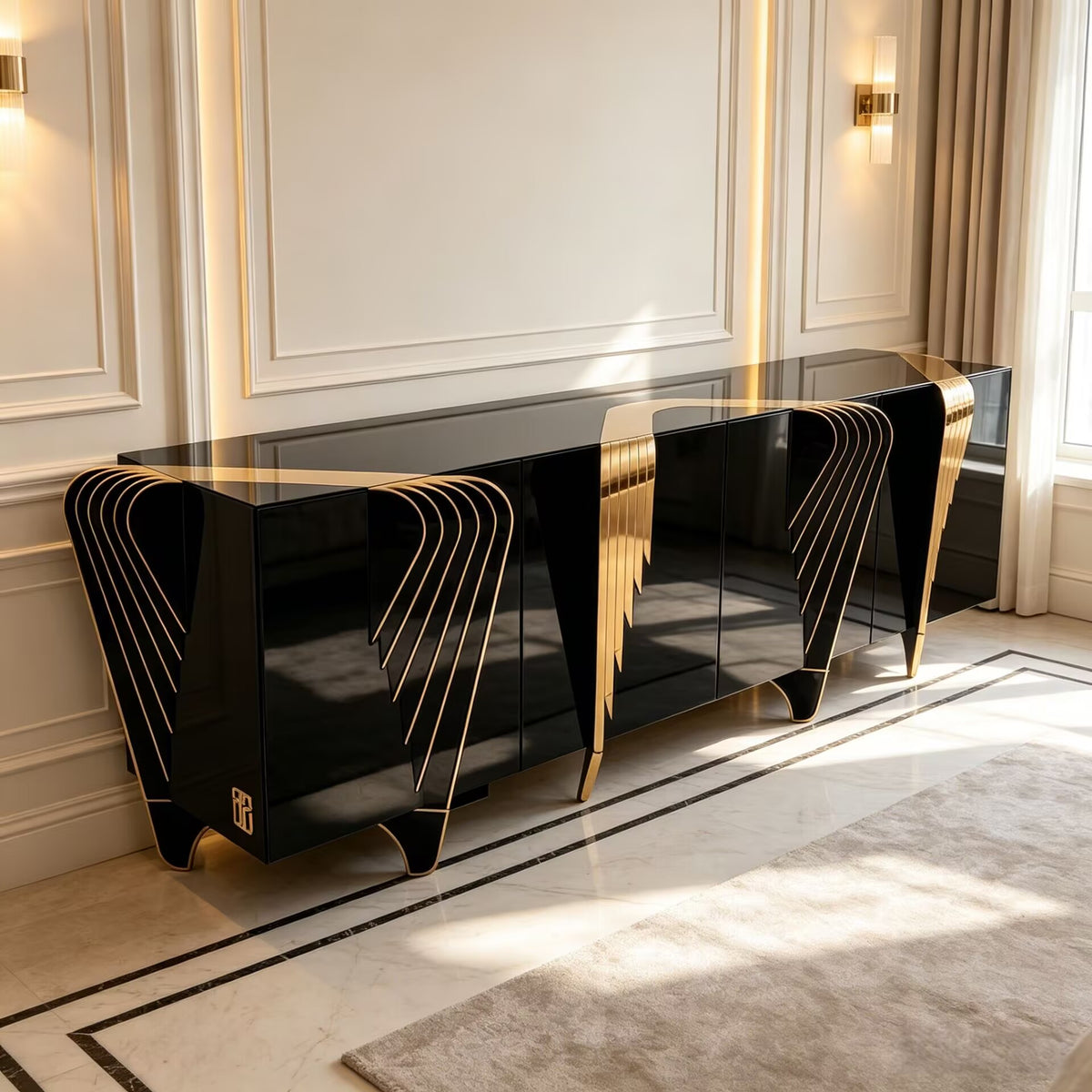 Designer Unique Creativity Irregular Black Gold Solid Wood Sideboard