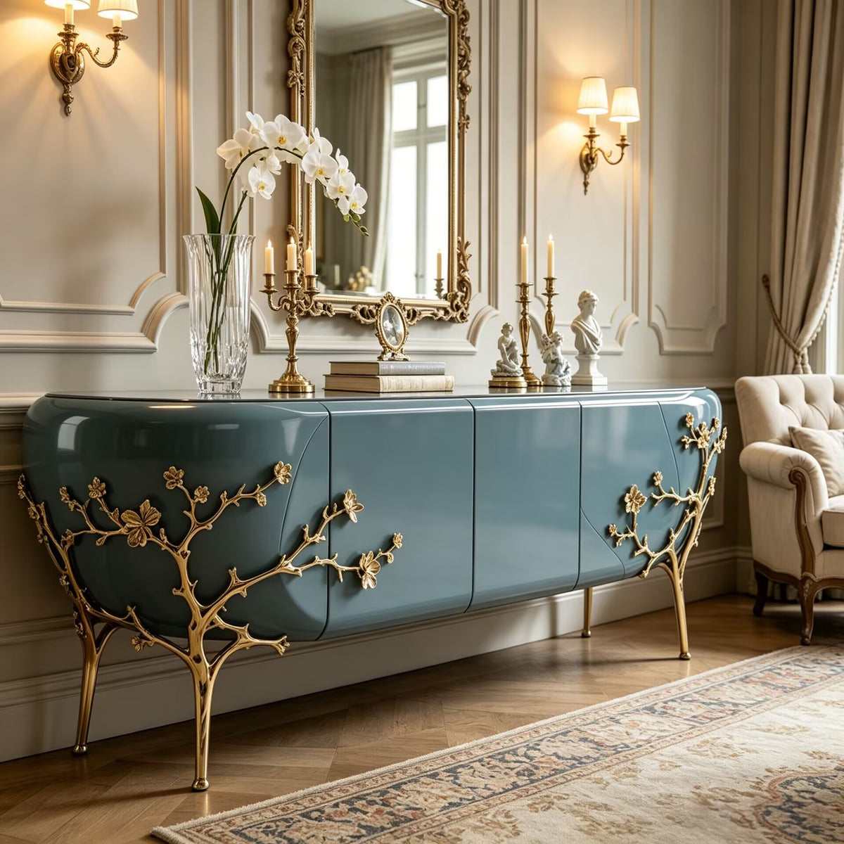 Italian Creativity Metal Plum Blossom Lacquered Solid Wood Sideboard