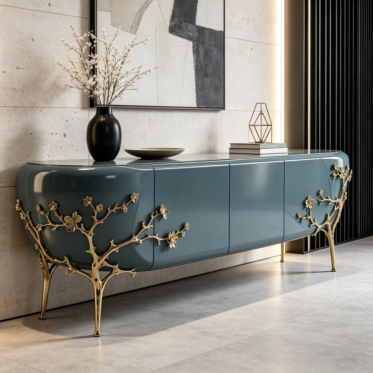 Italian Creativity Metal Plum Blossom Lacquered Solid Wood Sideboard