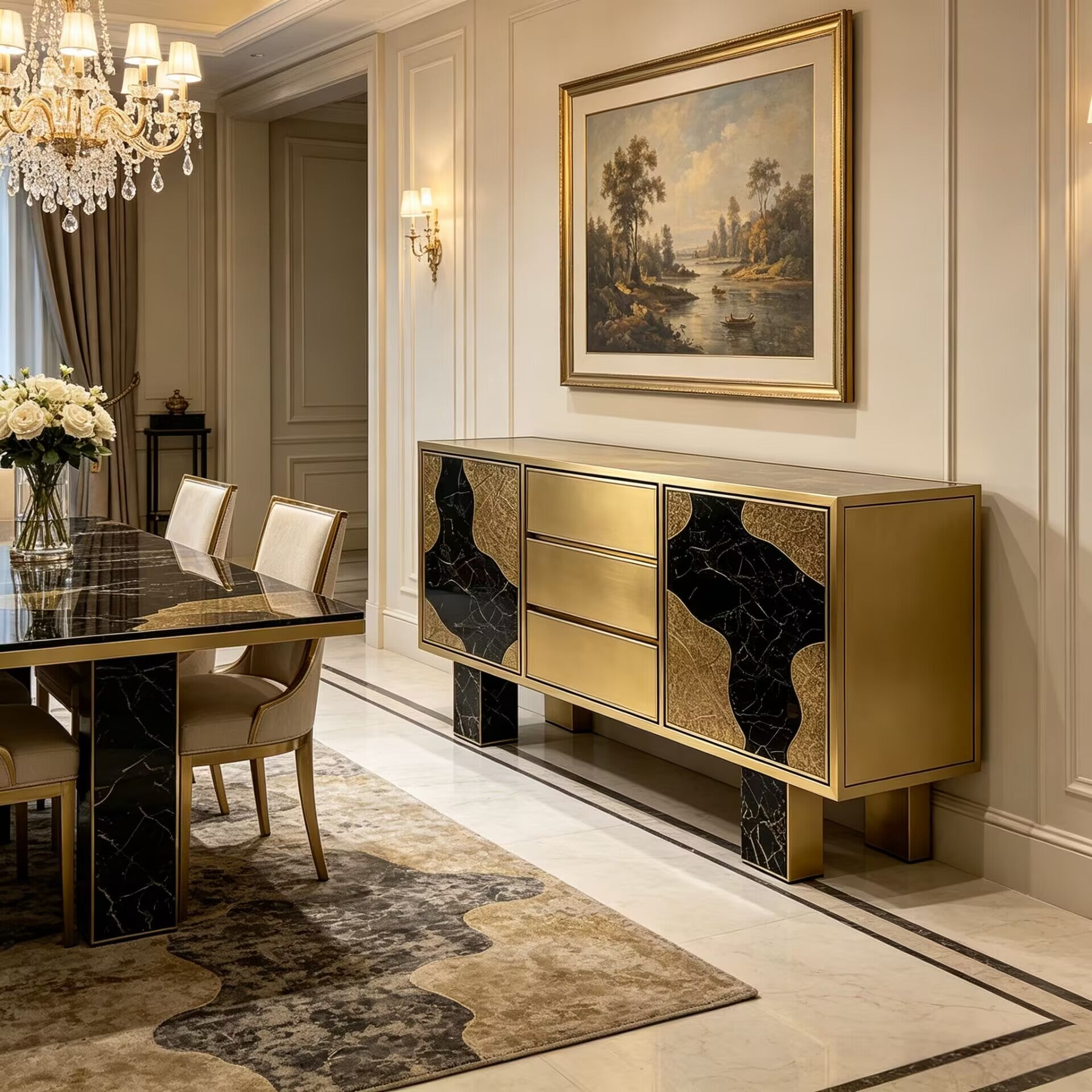 Modern Luxury Metal Designer Art Marble Decorative Sideboard
