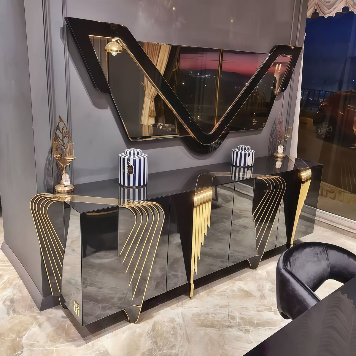 Designer Unique Creativity Irregular Black Gold Solid Wood Sideboard