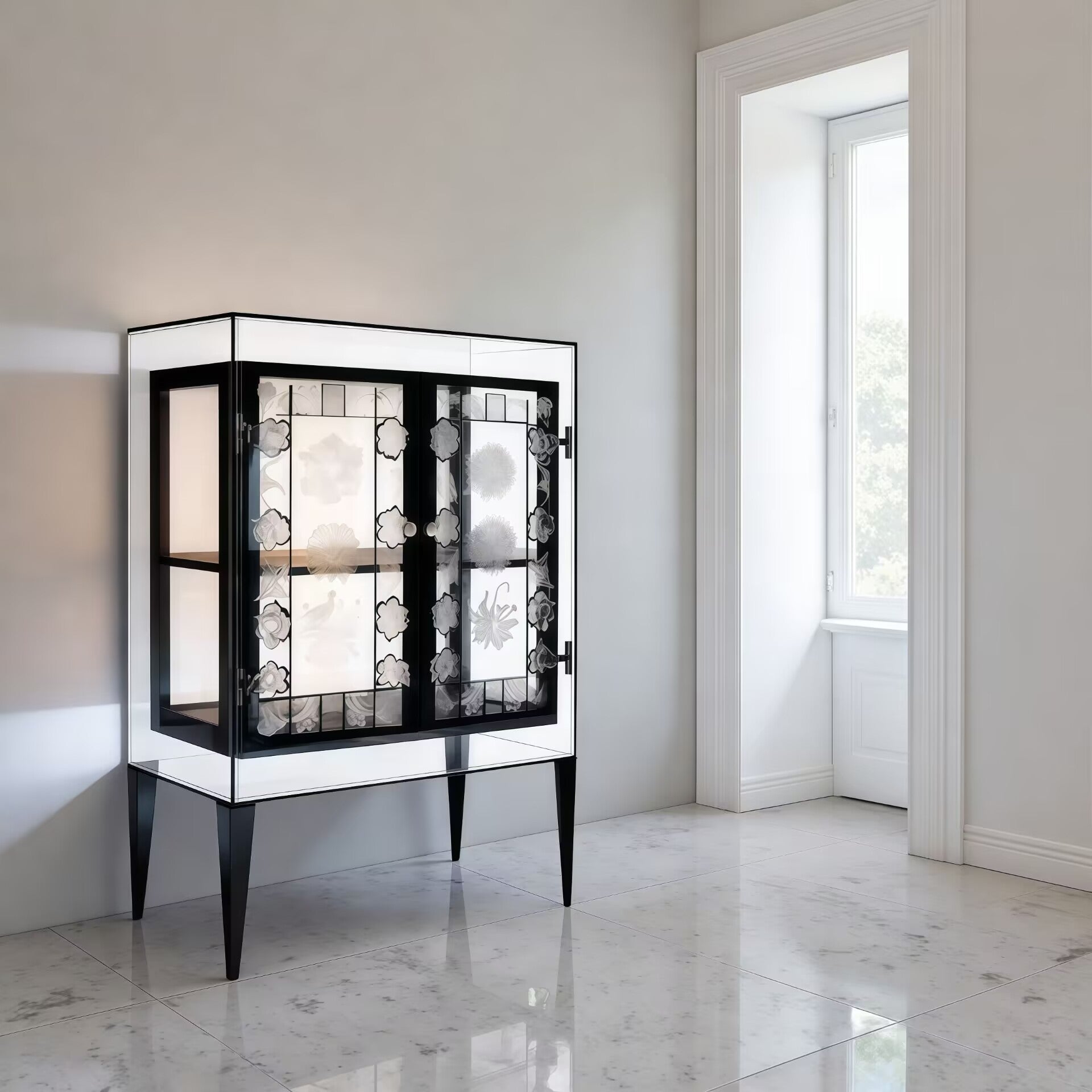 New Chinese Style High-End Solid Wood Art Glass Carving Sideboard