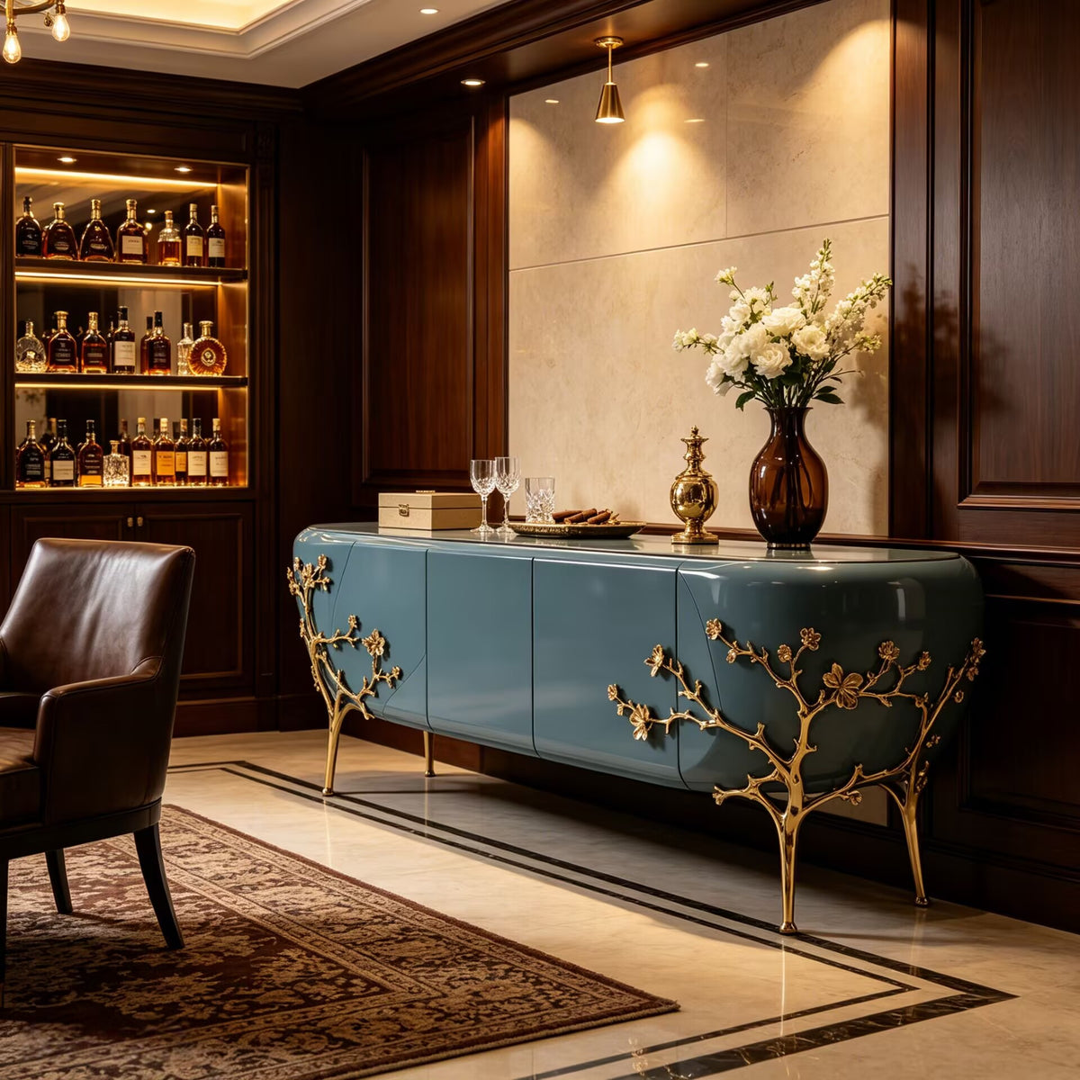 Italian Creativity Metal Plum Blossom Lacquered Solid Wood Sideboard