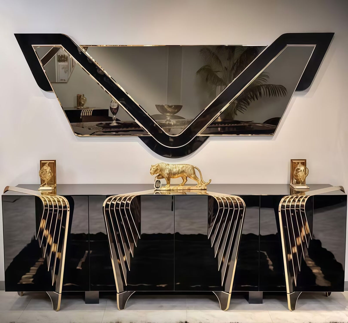 Designer Unique Creativity Irregular Black Gold Solid Wood Sideboard