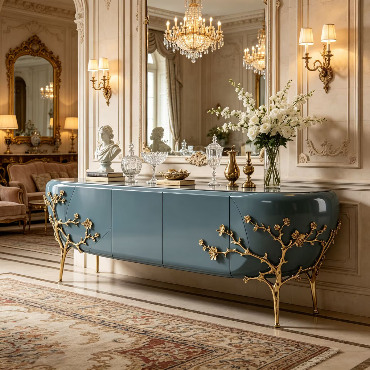 Italian Creativity Metal Plum Blossom Lacquered Solid Wood Sideboard