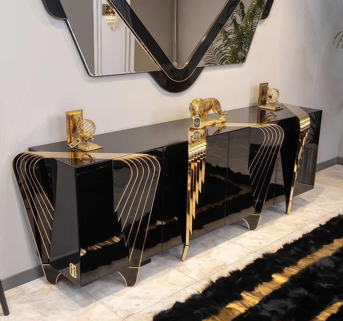 Designer Unique Creativity Irregular Black Gold Solid Wood Sideboard
