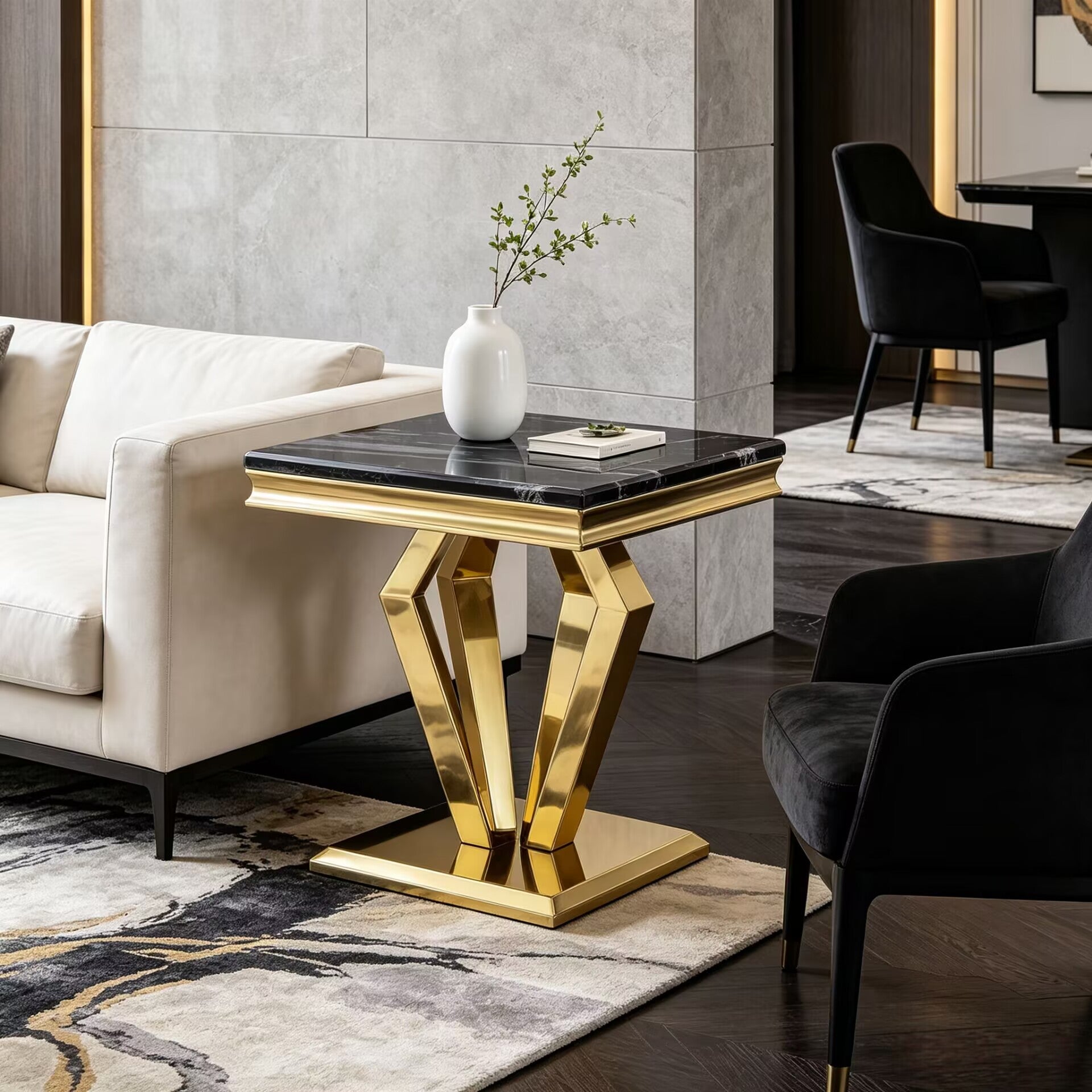 Unique High-End Stainless Steel Natural Marble Square Side Table
