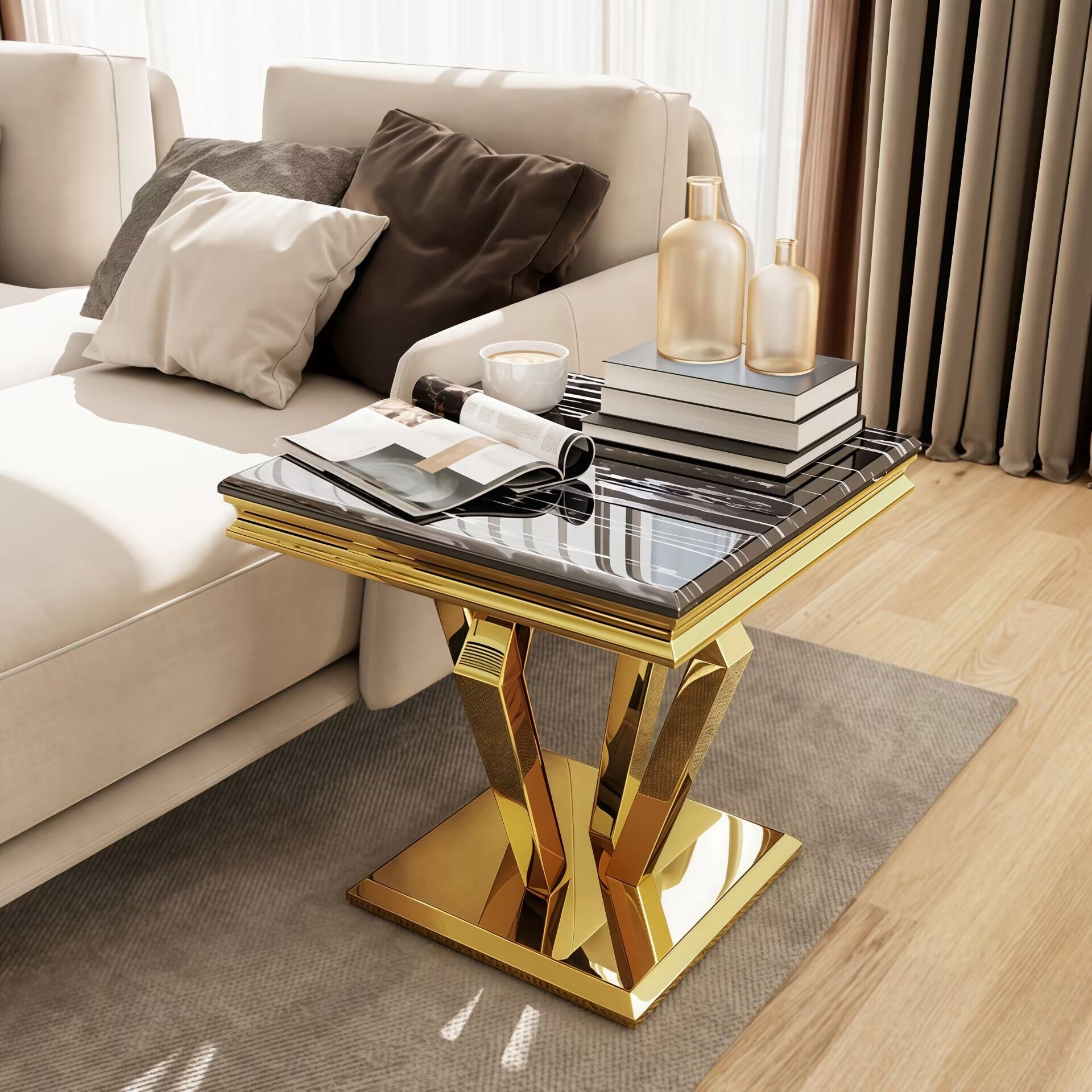 Unique High-End Stainless Steel Natural Marble Square Side Table
