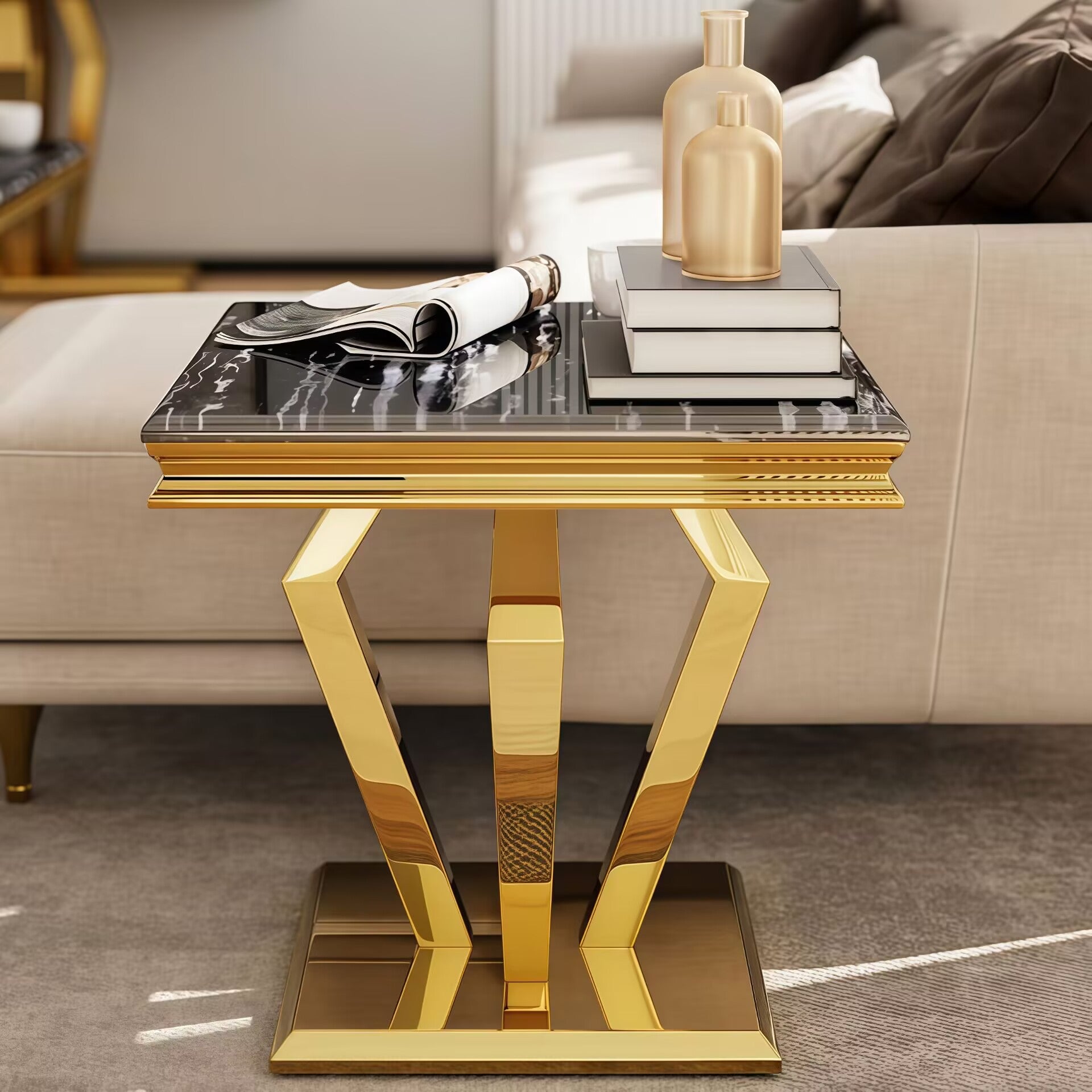 Unique High-End Stainless Steel Natural Marble Square Side Table