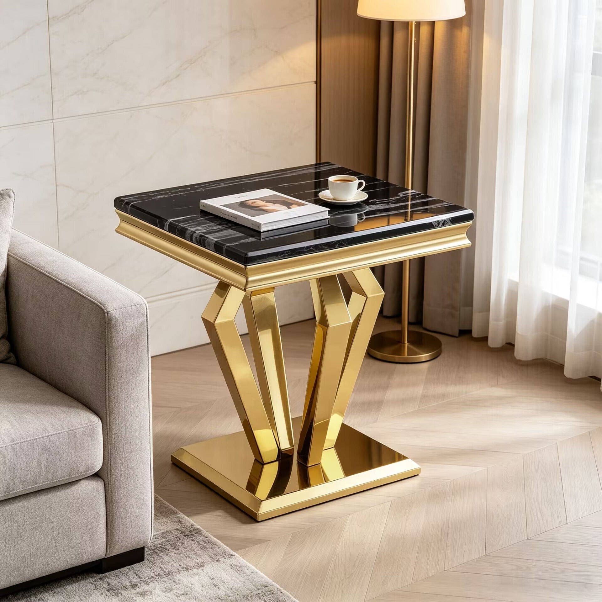 Unique High-End Stainless Steel Natural Marble Square Side Table
