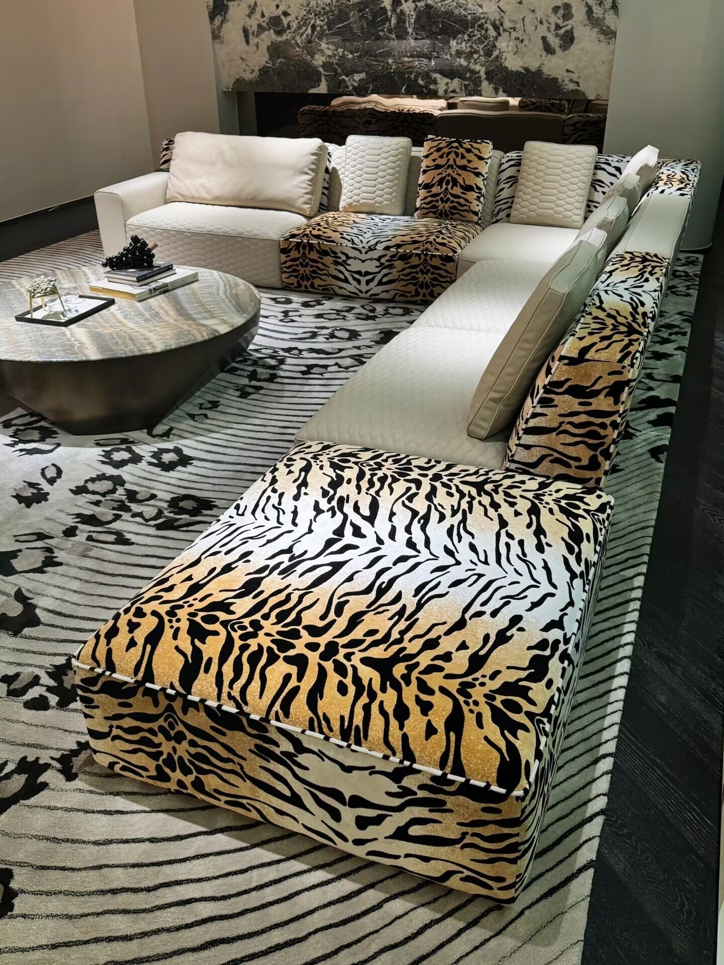 Italian Artistic Villa Living Room Leopard-Print Fabric Corner Sofa