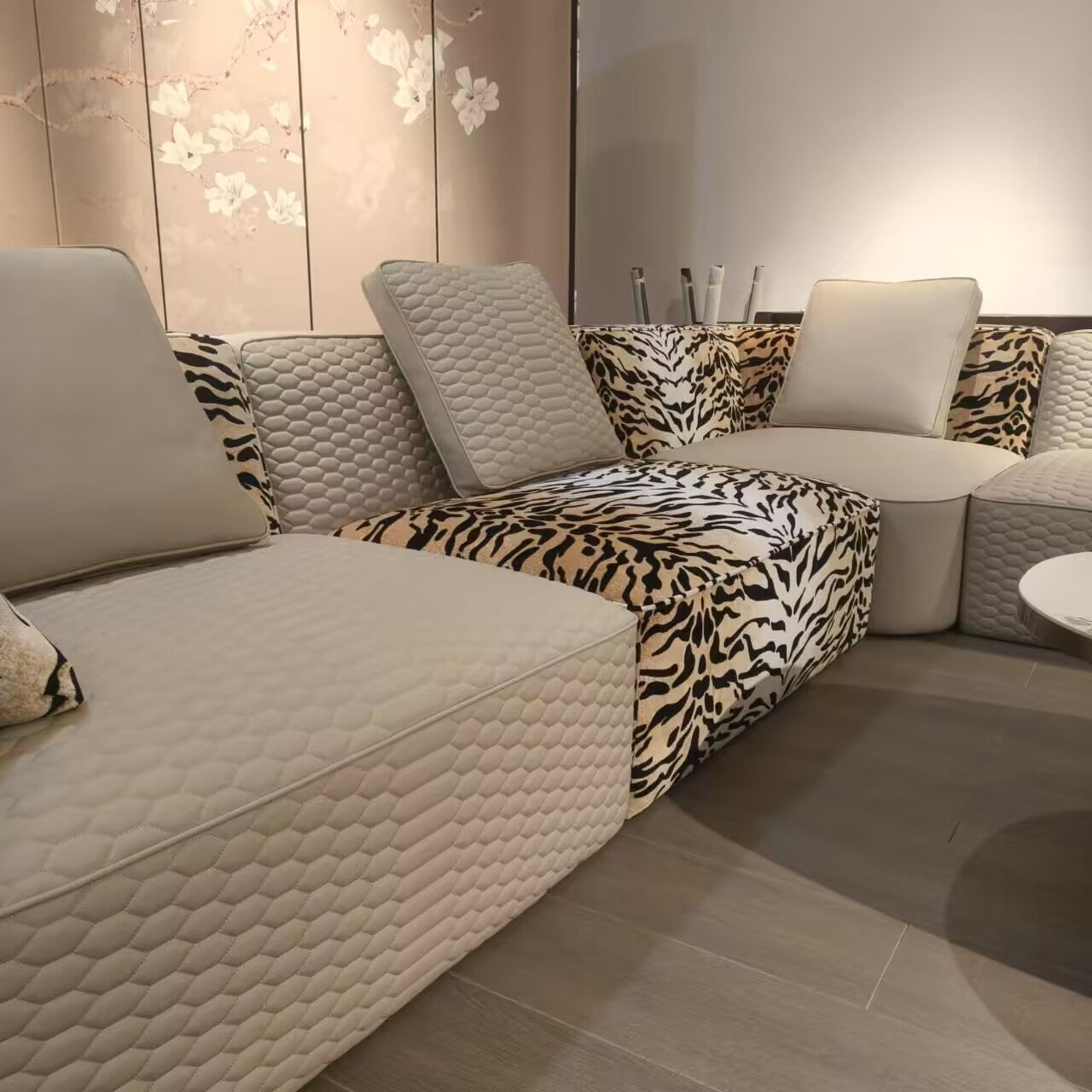 Italian Artistic Villa Living Room Leopard-Print Fabric Corner Sofa