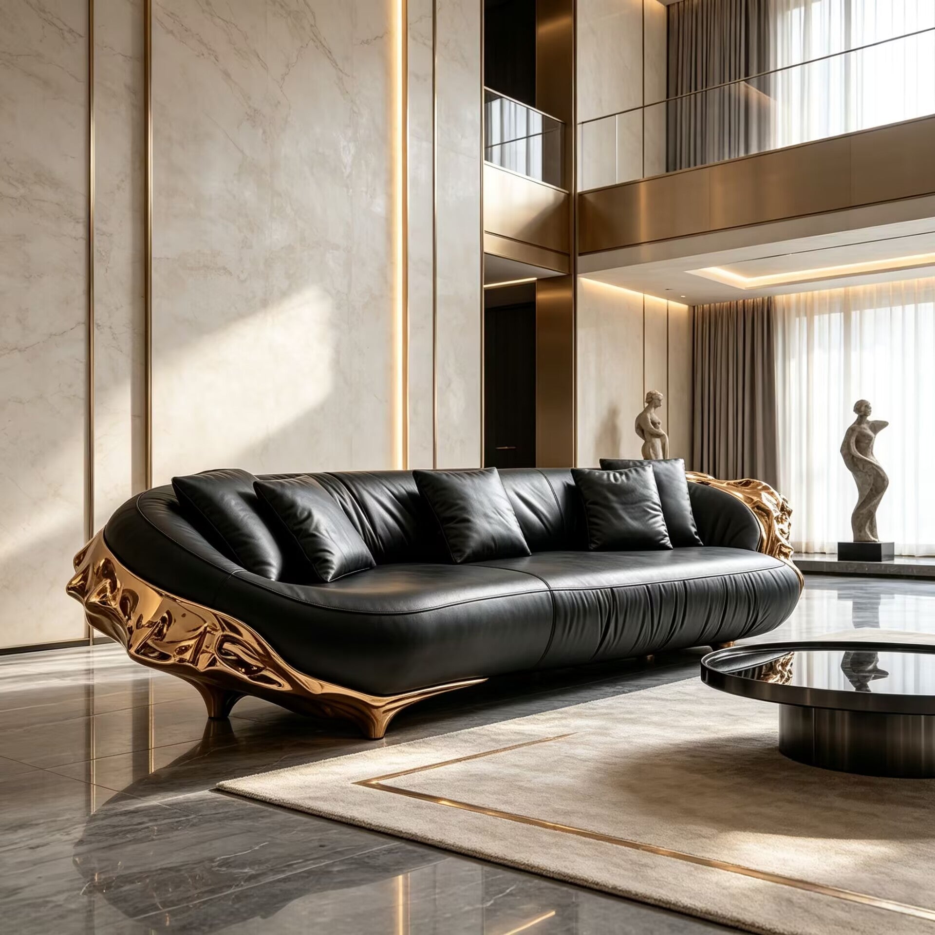 Villa Living Room Luxury High-End Brass Artistic Genuine Leather Sofa