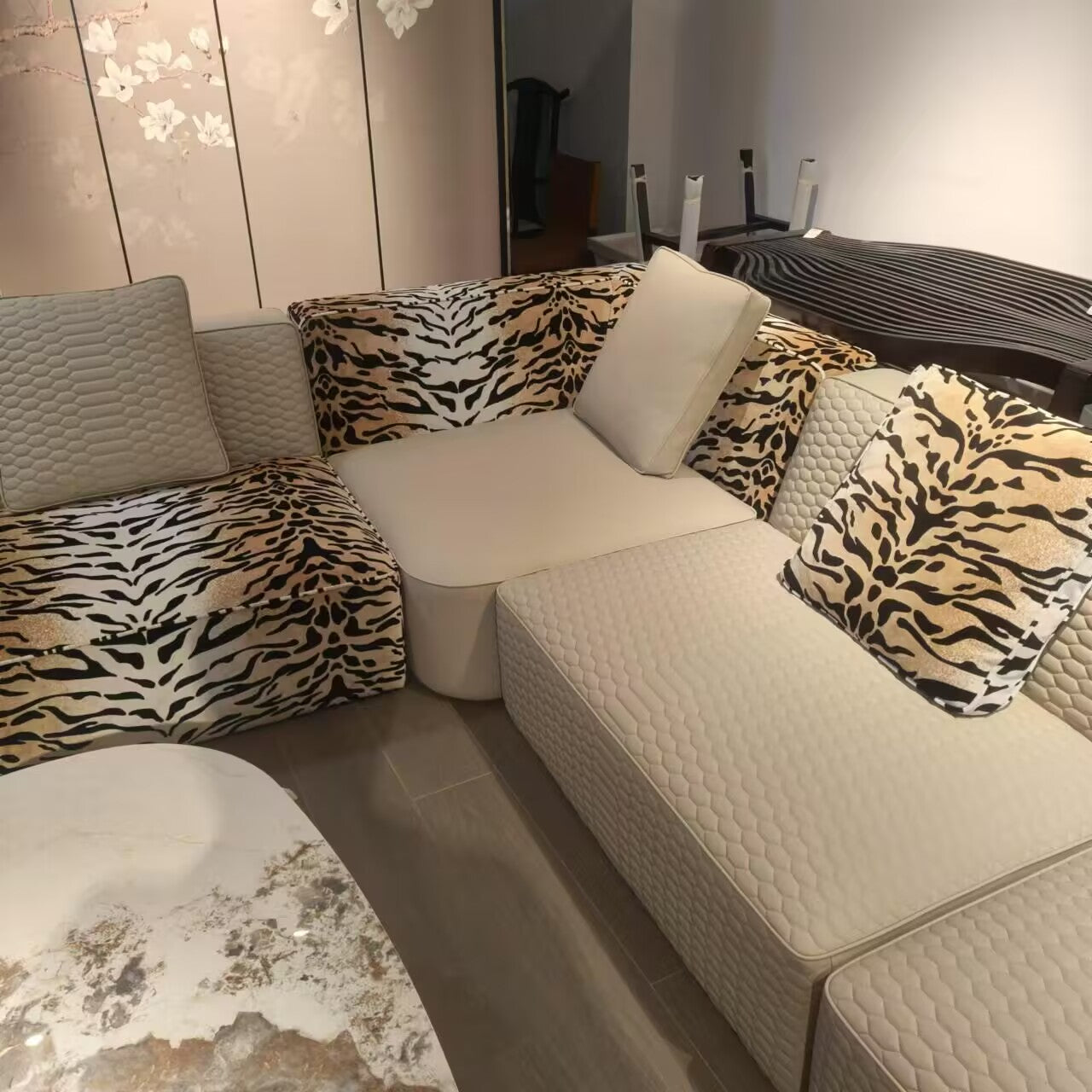 Italian Artistic Villa Living Room Leopard-Print Fabric Corner Sofa