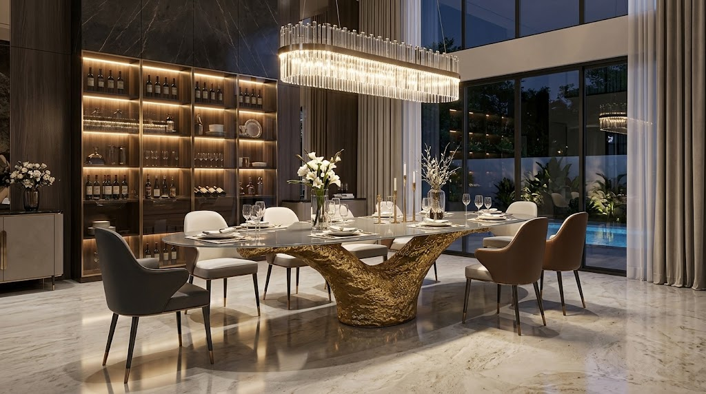 Trunks Italian Designer Large Gold Tempered Glass Oval Dining Table