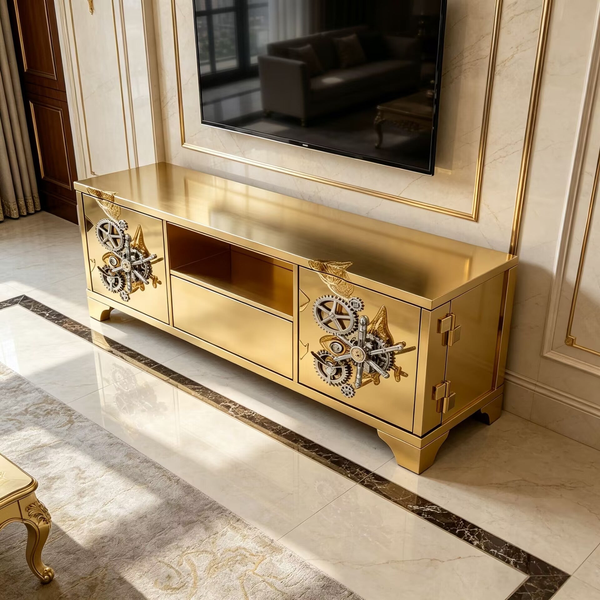 Italian Artistic Stainless Steel Gearwheel Decorative Tv Cabinet