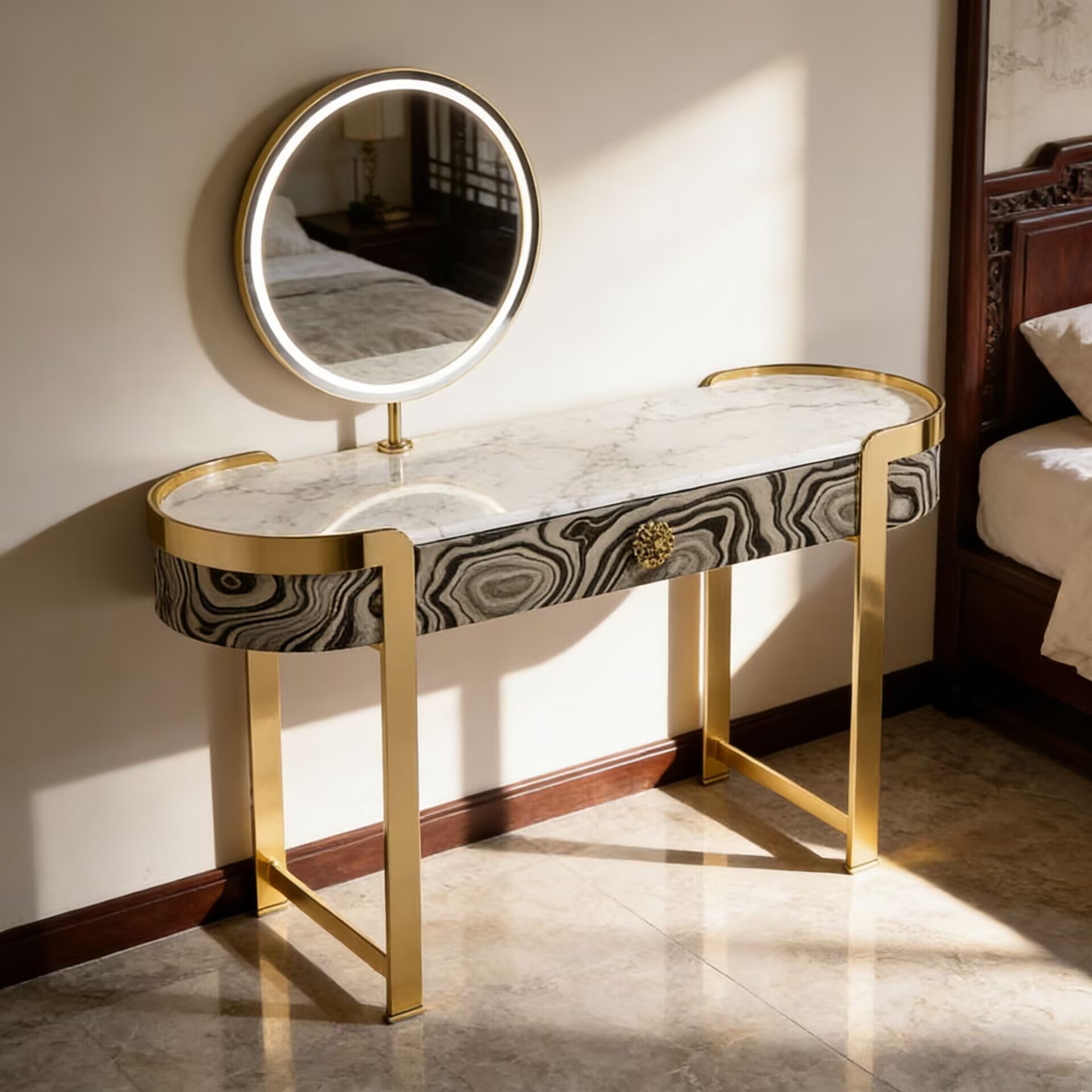 Upholstered Italian Luxury Metal High-End Marble Dressing Table