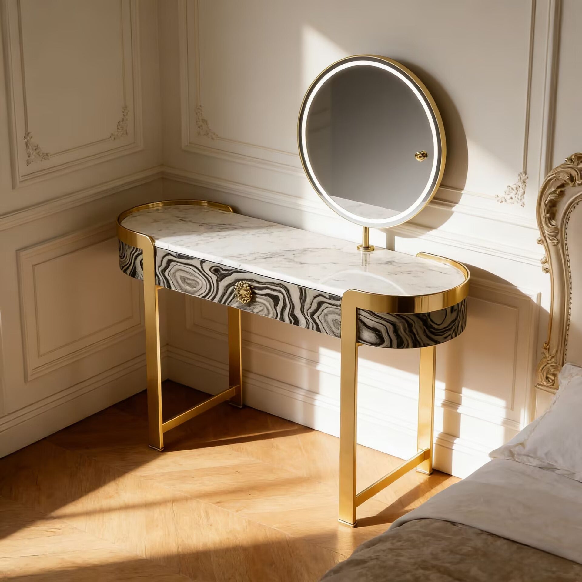 Upholstered Italian Luxury Metal High-End Marble Dressing Table