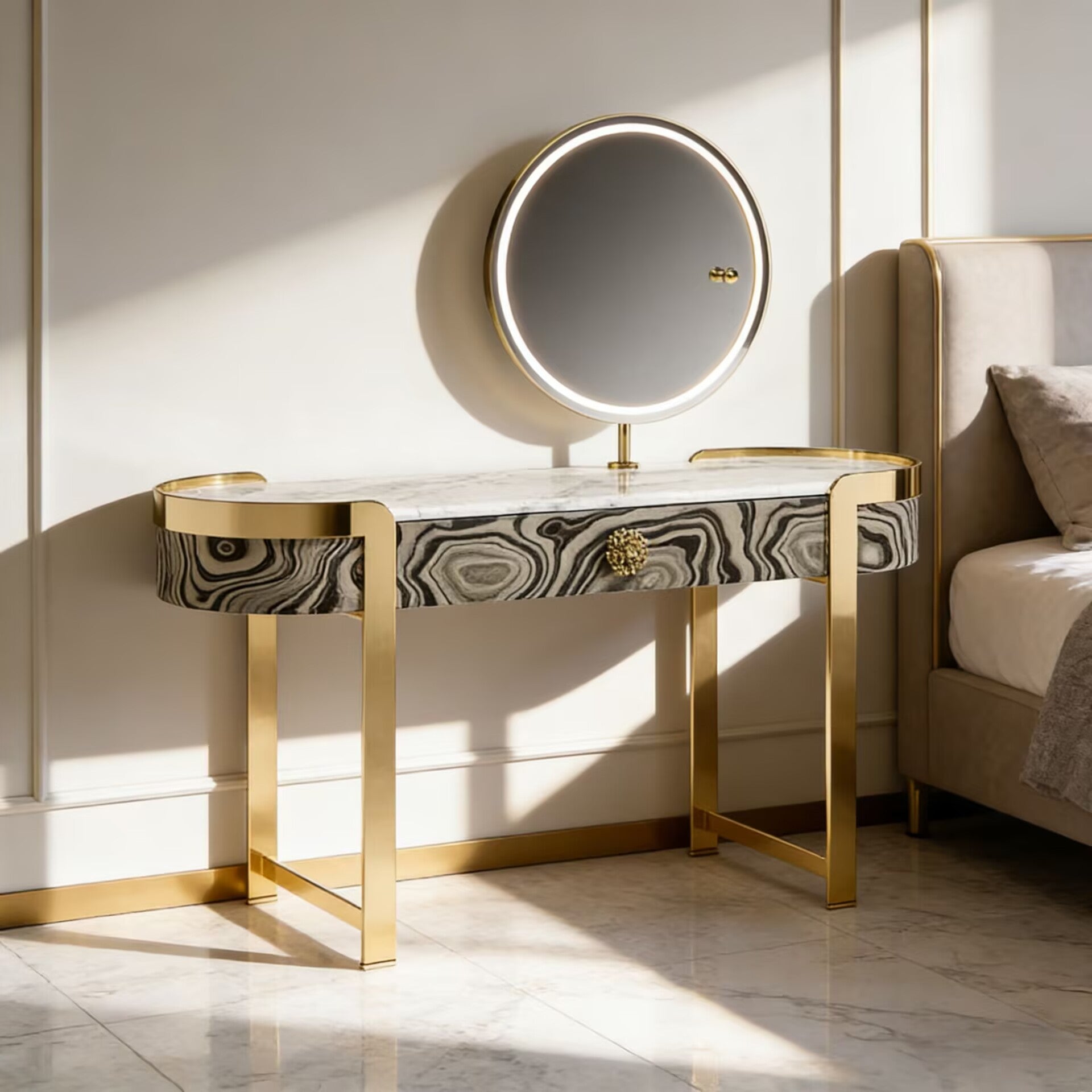 Upholstered Italian Luxury Metal High-End Marble Dressing Table