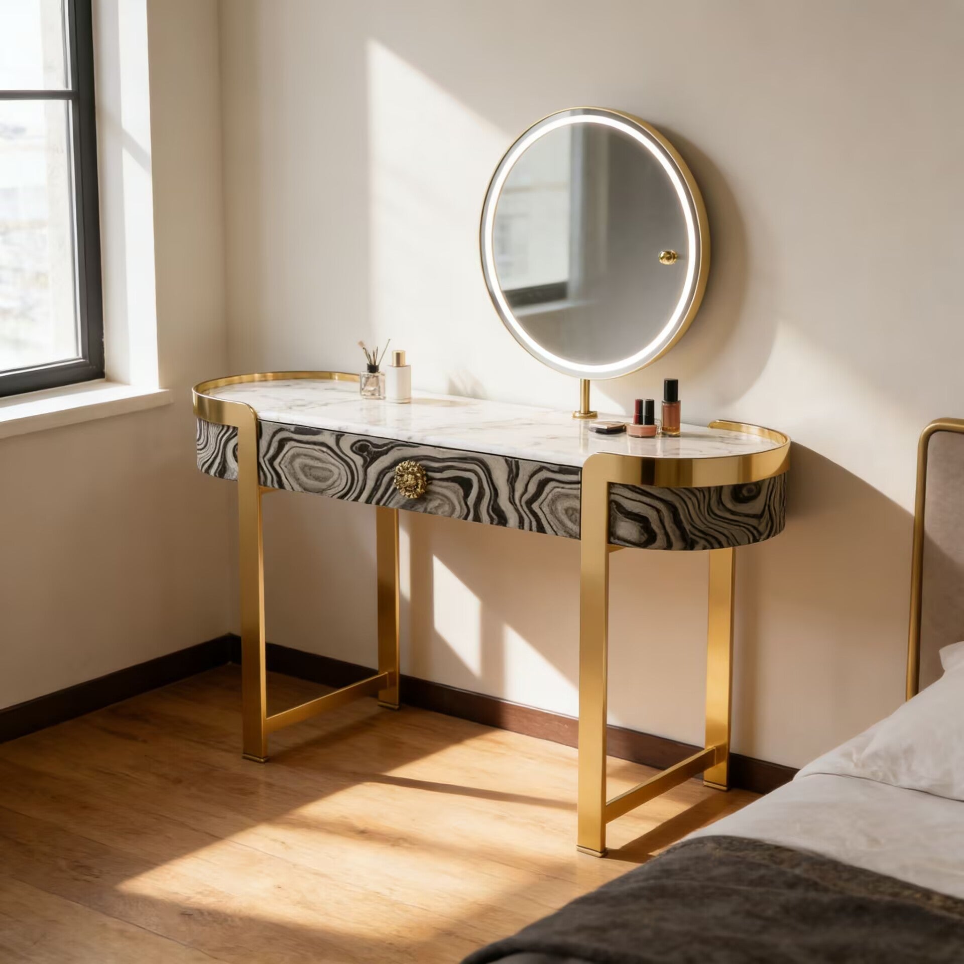 Upholstered Italian Luxury Metal High-End Marble Dressing Table