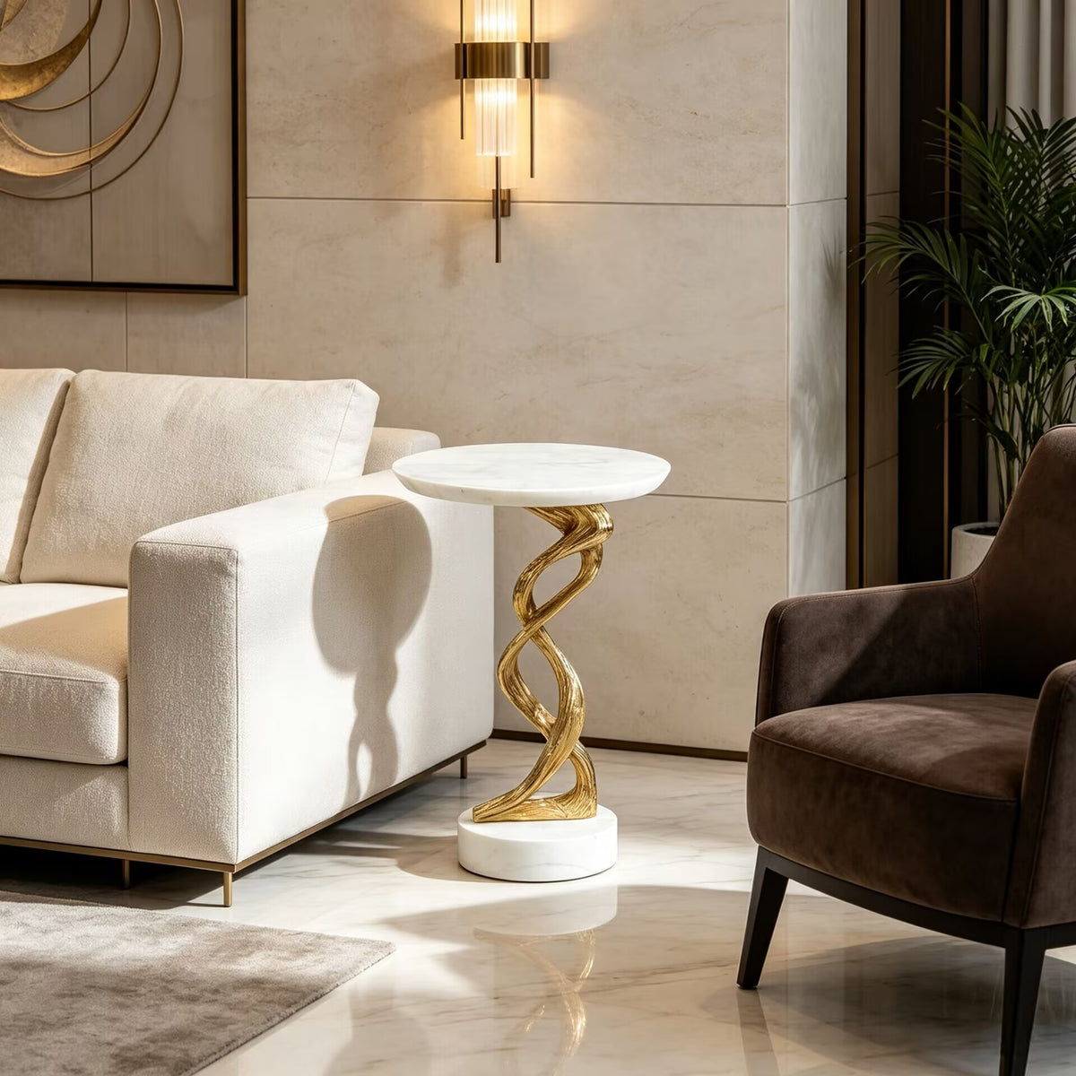 Windswept Martini Irregular Metal Upscale Marble Round Side Table