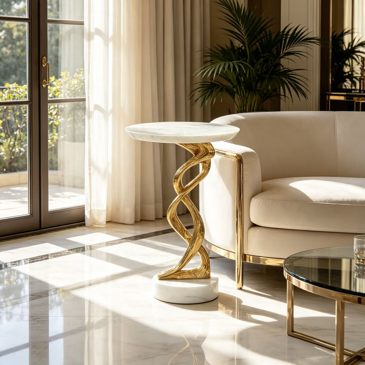 Windswept Martini Irregular Metal Upscale Marble Round Side Table